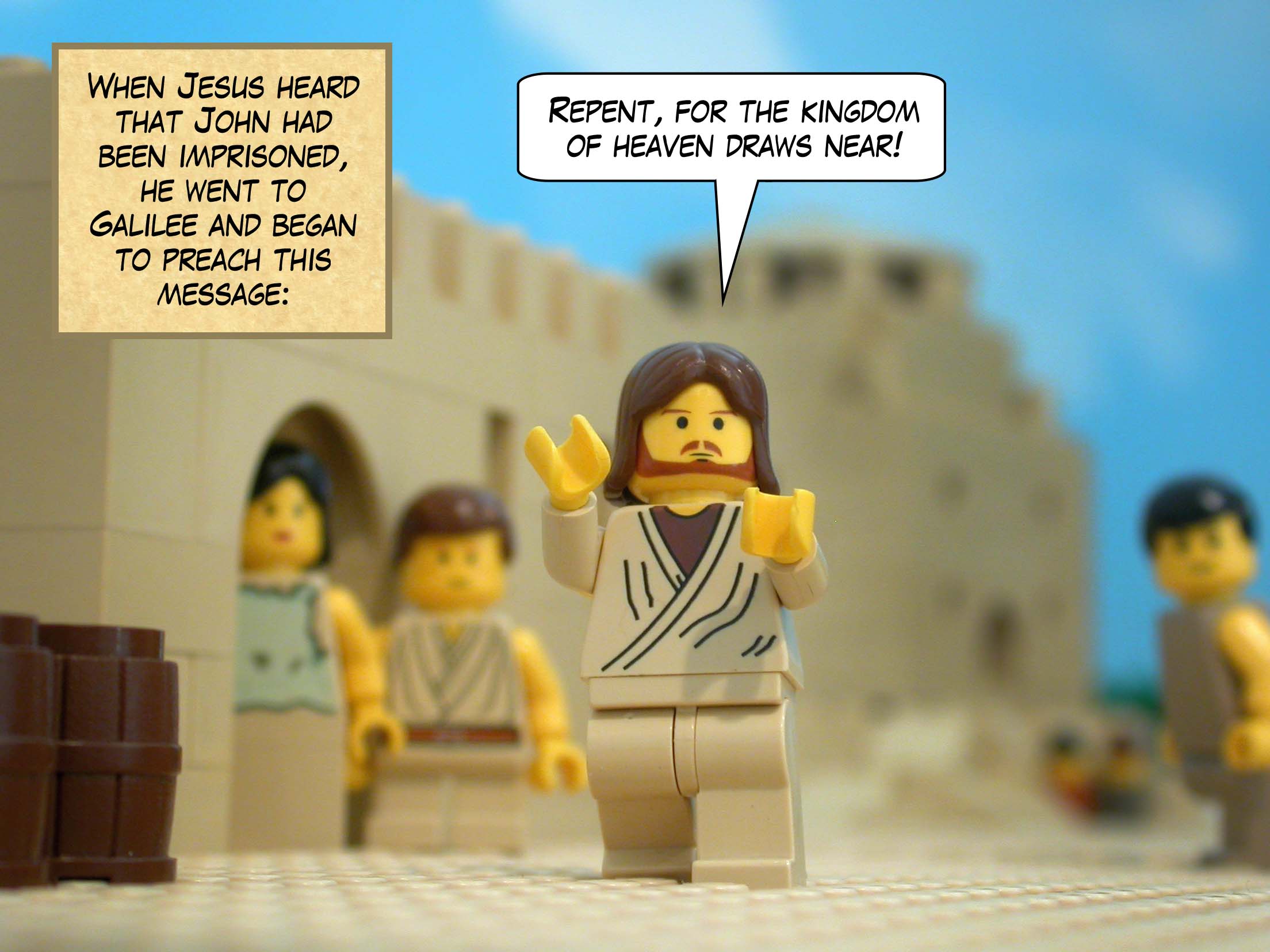 When Jesus heard that John had been imprisoned, he went to Galilee and resided in Capernum. From that time Jesus began to preach this message: 'Repent, for the kingdom of heaven draws near!'<br>