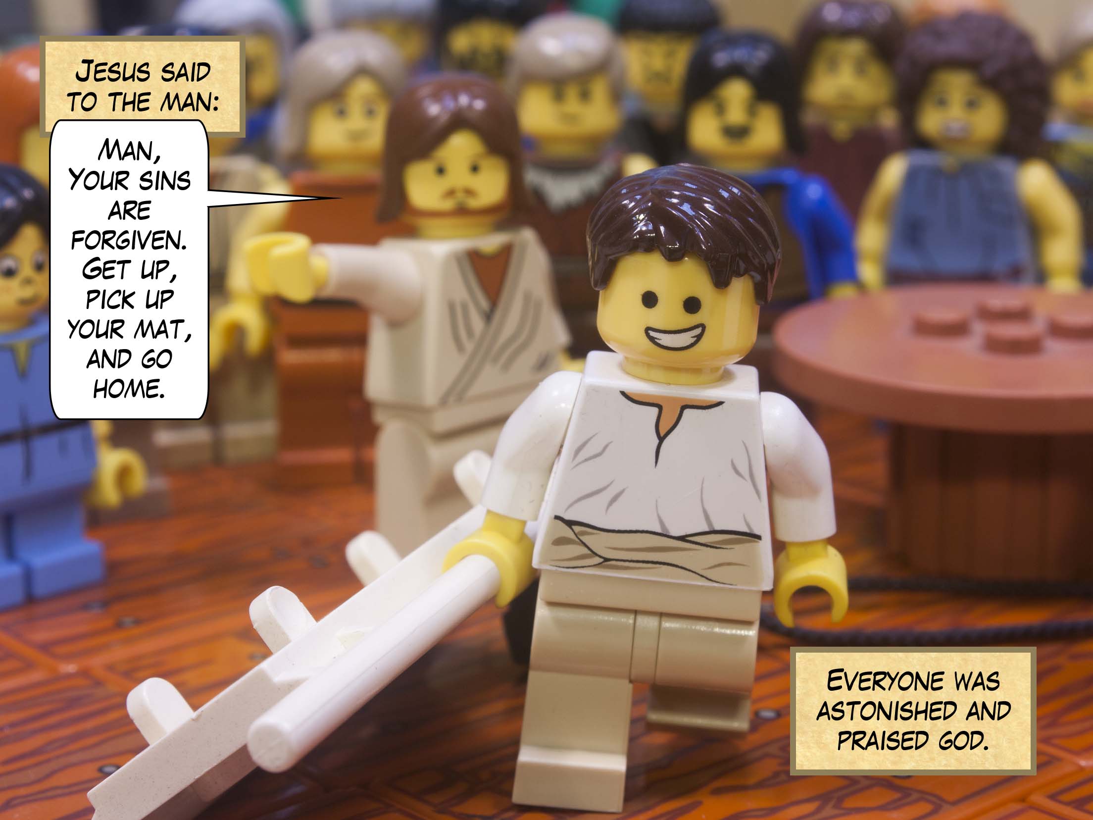 And he stood up, and immediately took the mat and went out before all of them; so that they were all amazed and glorified God, saying, 'We have never seen anything like this!'