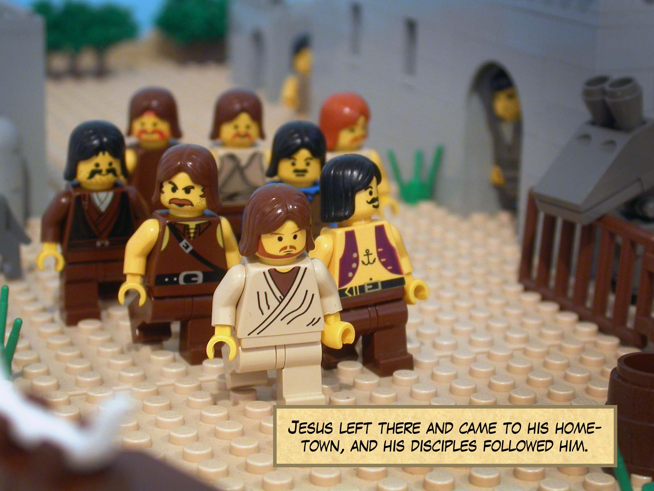 Jesus left there and came to his hometown, and his disciples followed him.<br>