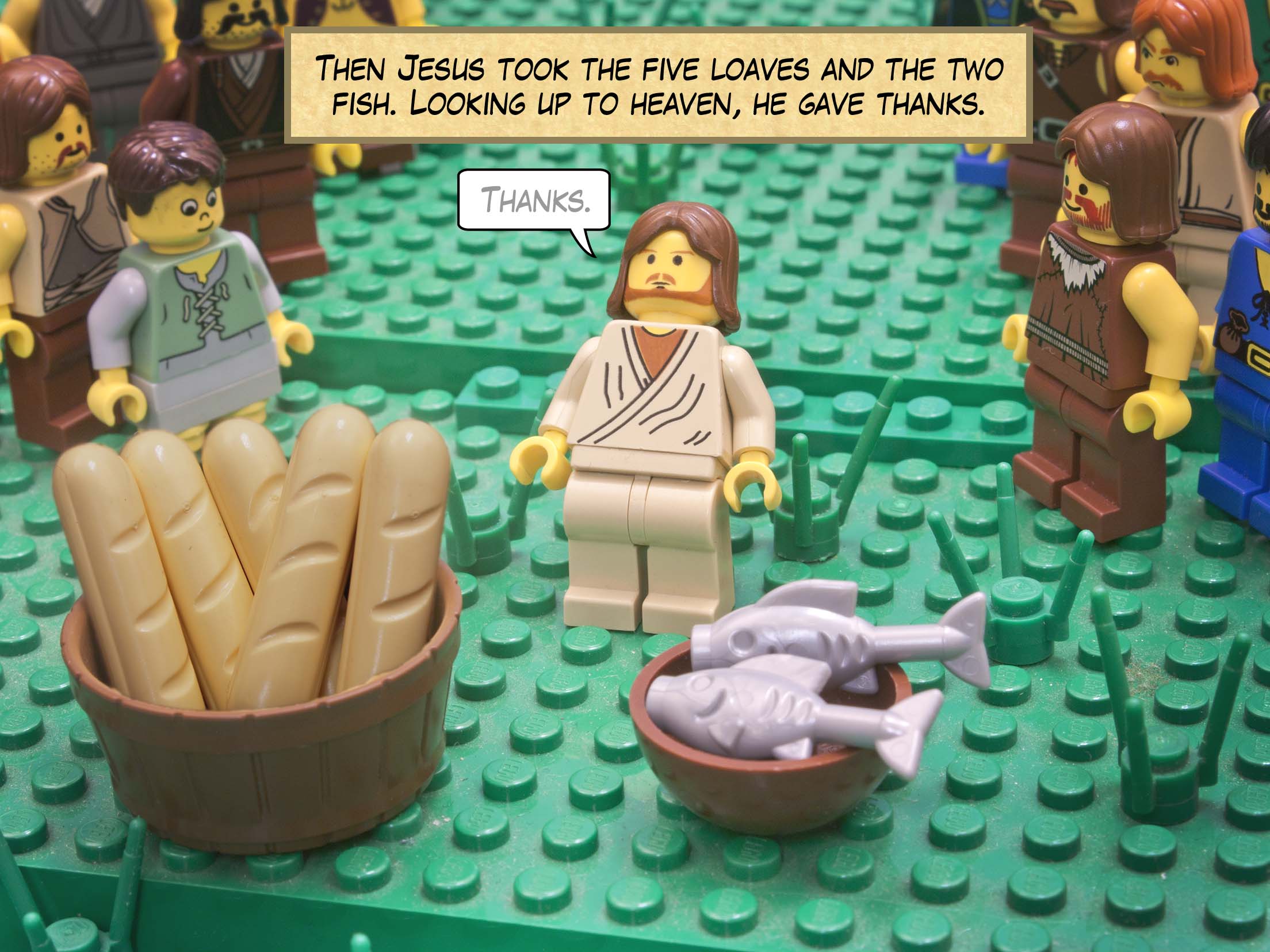 Taking the five loaves and the two fish, he looked up to heaven, and blessed and broke the loaves, and gave them to his disciples to set before the people.