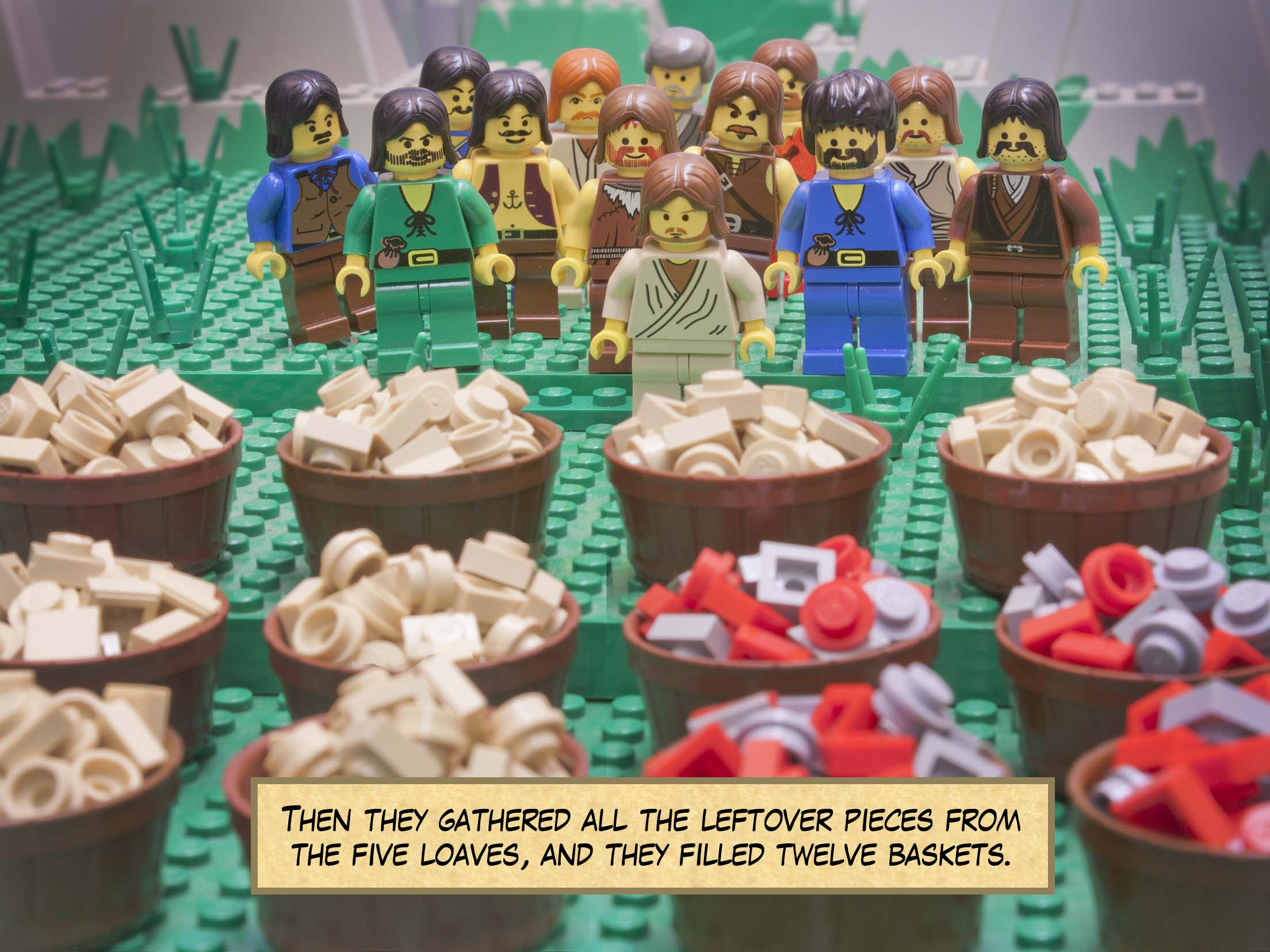 And all ate and were filled; and they took up twelve baskets full of broken pieces and of the fish.