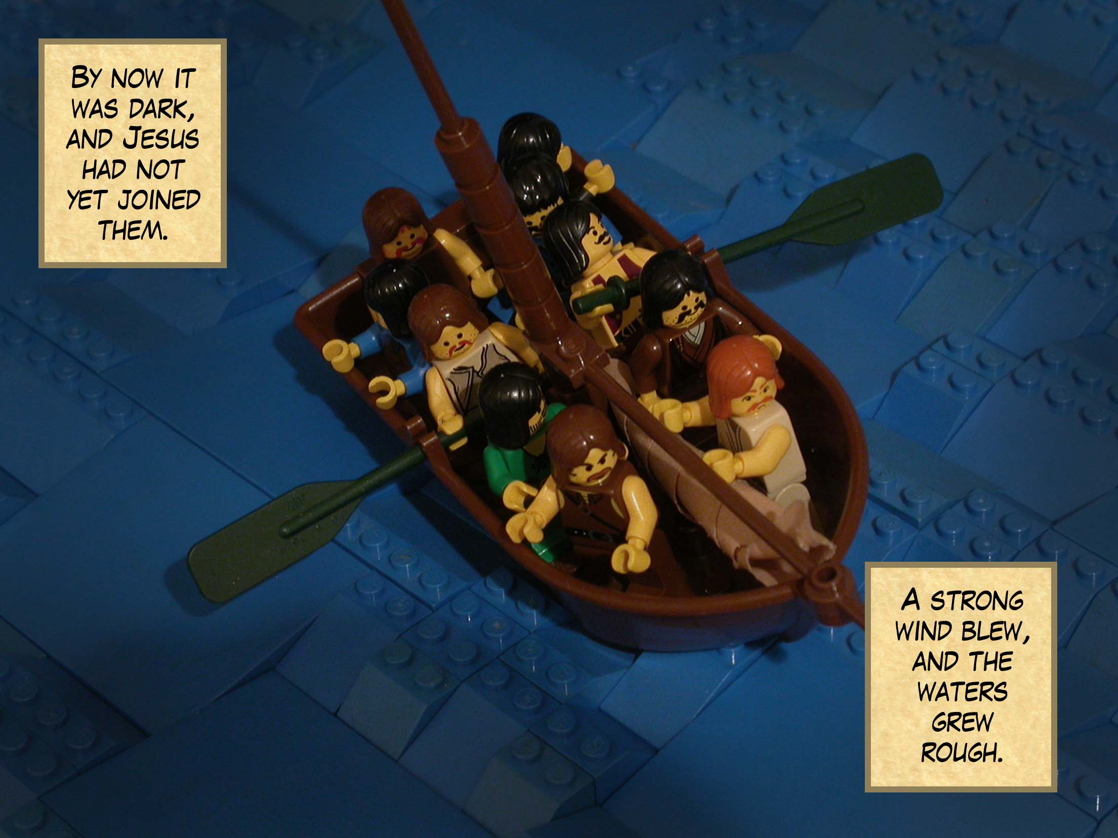 By now it was dark, and Jesus had not yet joined them. A strong wind blew and the waters grew rough.<br>