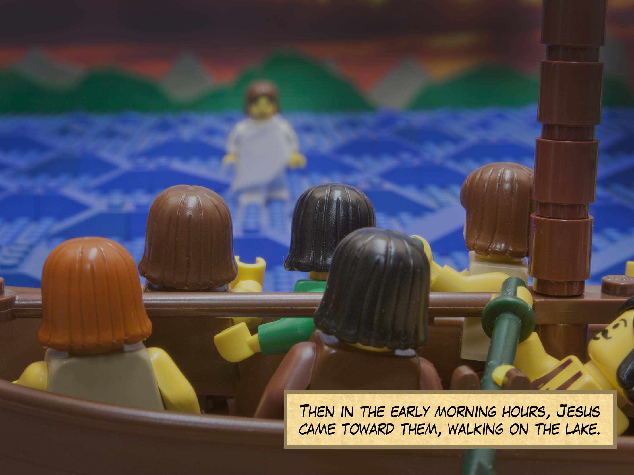 When they had rowed three or four miles, they saw Jesus approaching the boat, walking on the sea.<br>