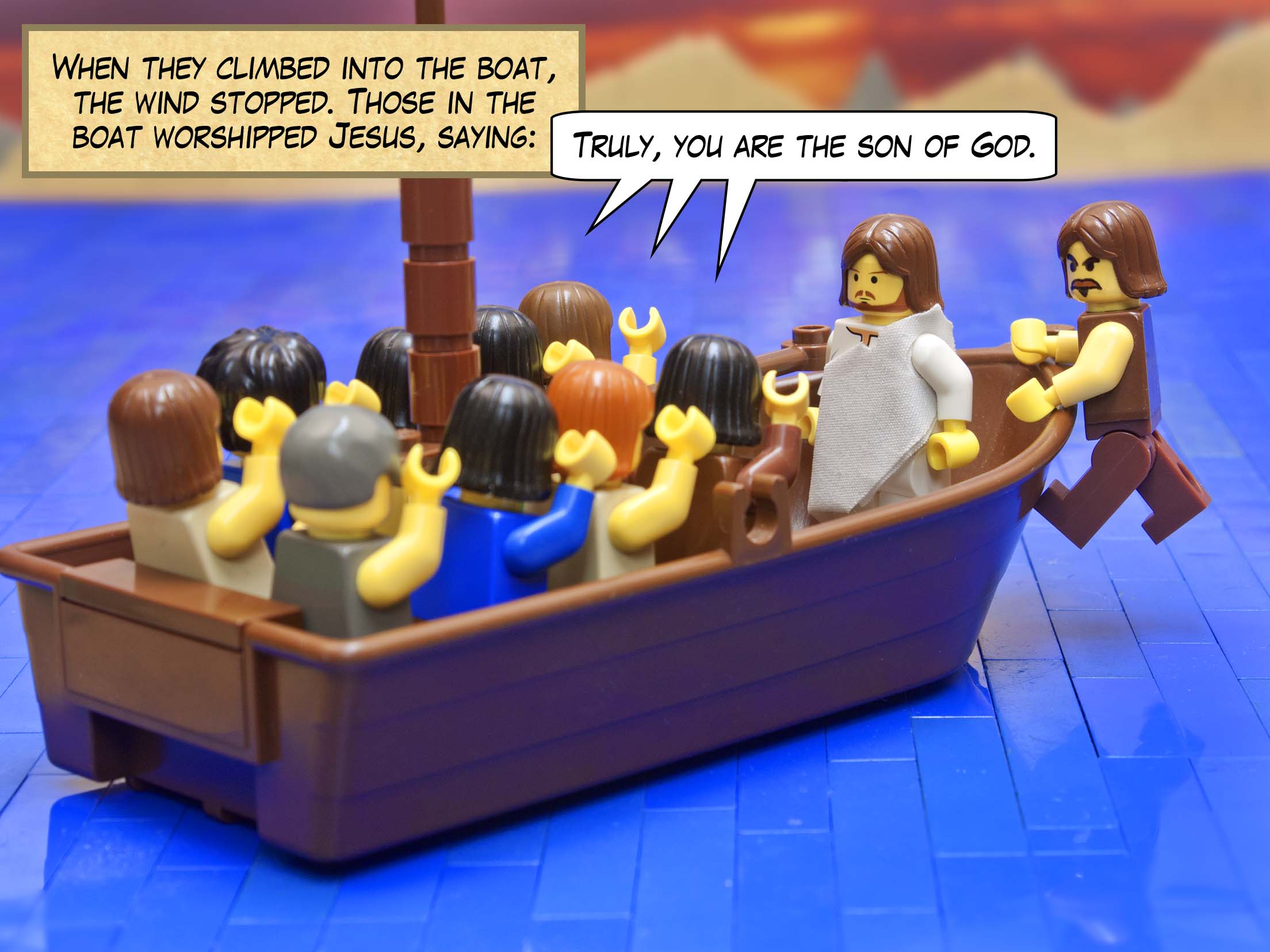 When they got into the boat, the wind ceased. And those in the boat worshiped him, saying, 'Truly you are the Son of God.'