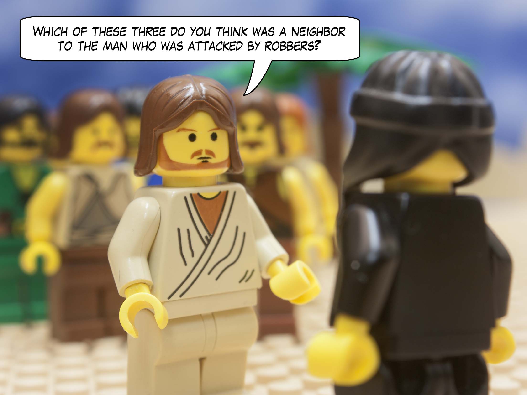 'Which of these three do you think was a neighbor to the man who was attacked by robbers?'<br>