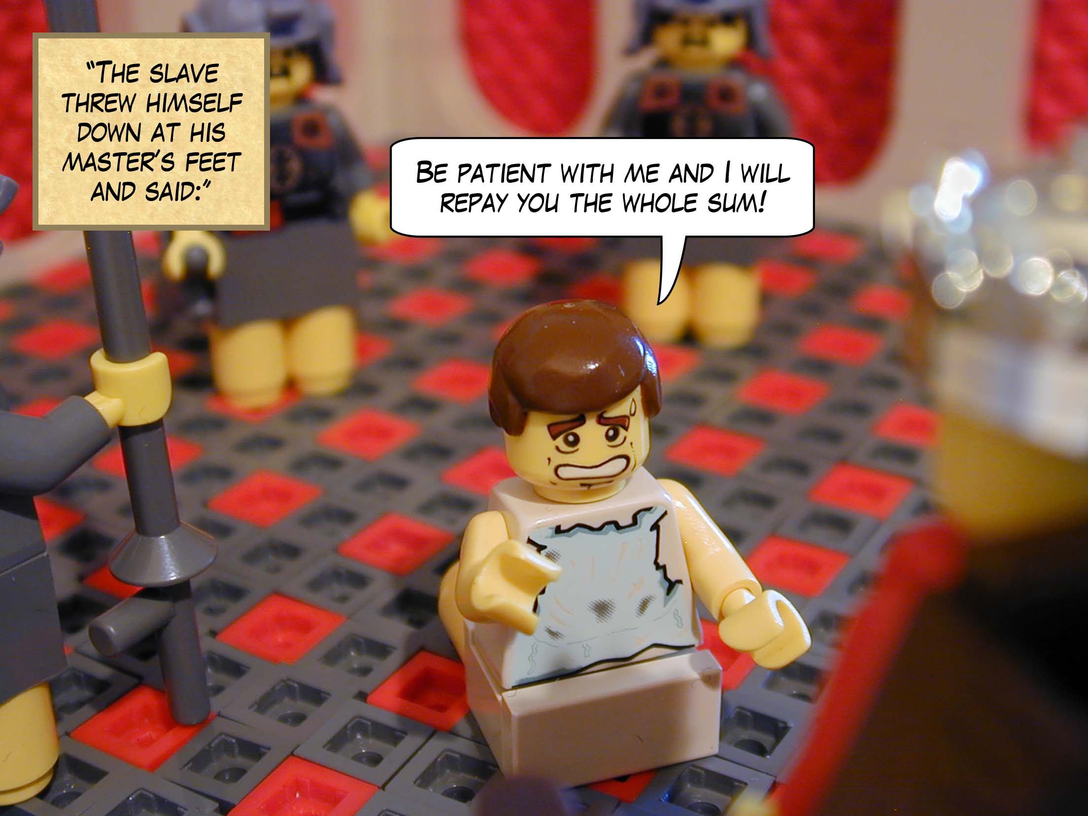 'The slave's master, being moved by compassion, released him and cancelled his debt.'<br>