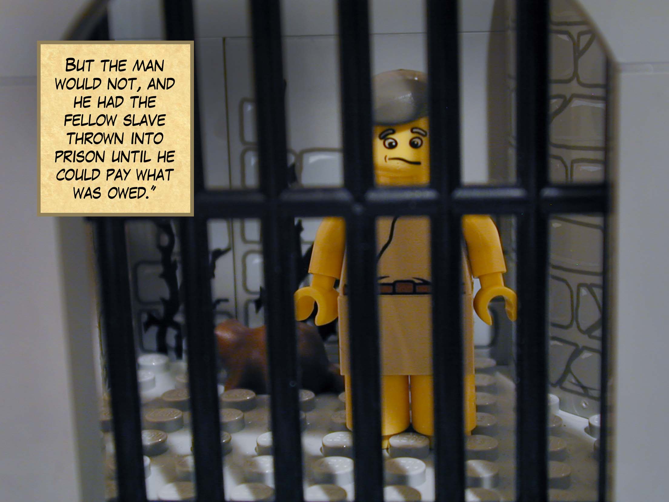 'Having seen what happened, his fellow slaves were greatly distressed, and reported to their master all that had happened.'<br>