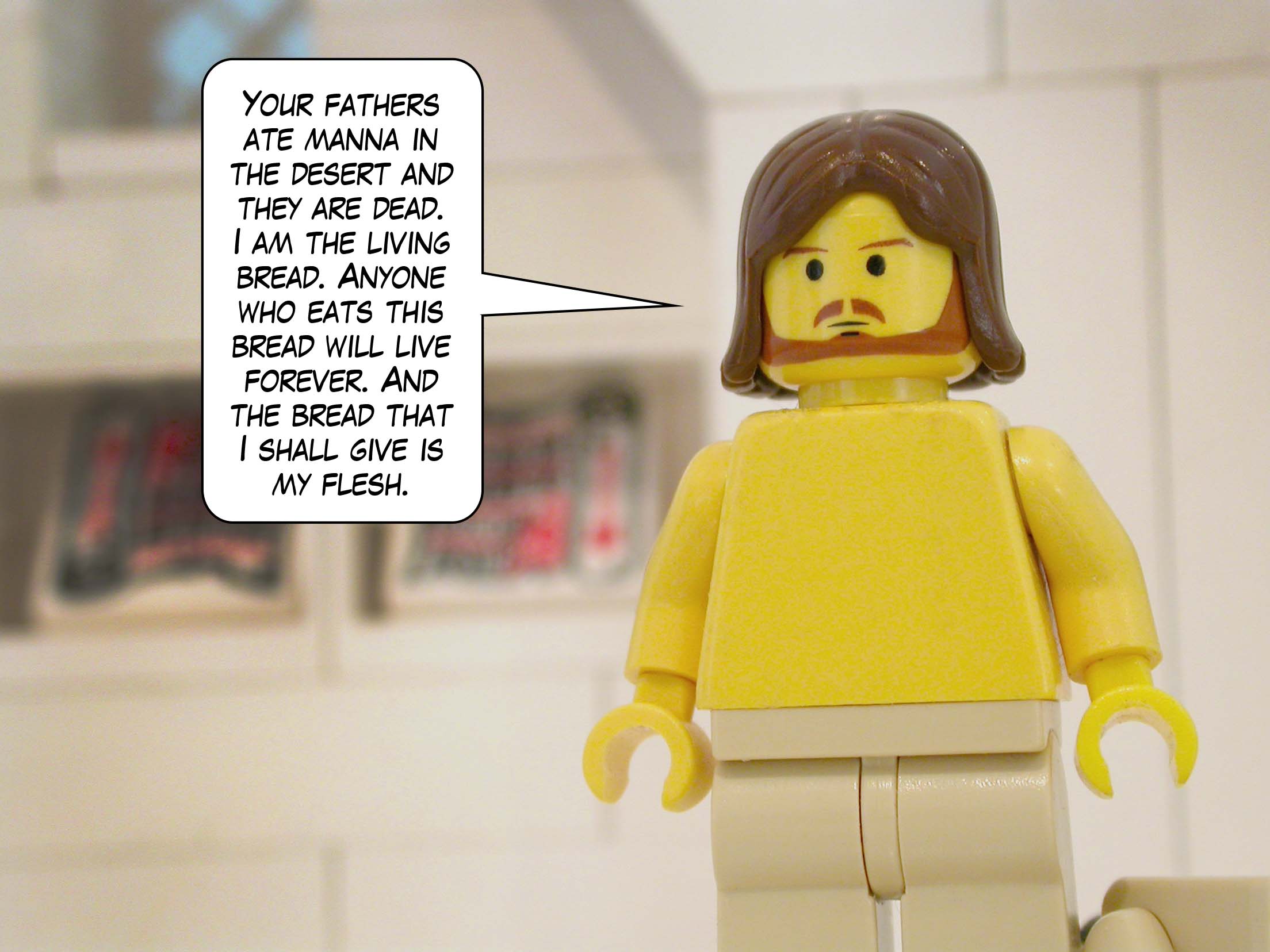 'Your fathers ate manna in the desert and they are dead. I am the living bread. Anyone who eats this bread will live forever. And the bread that I shall give is my flesh.'<br>