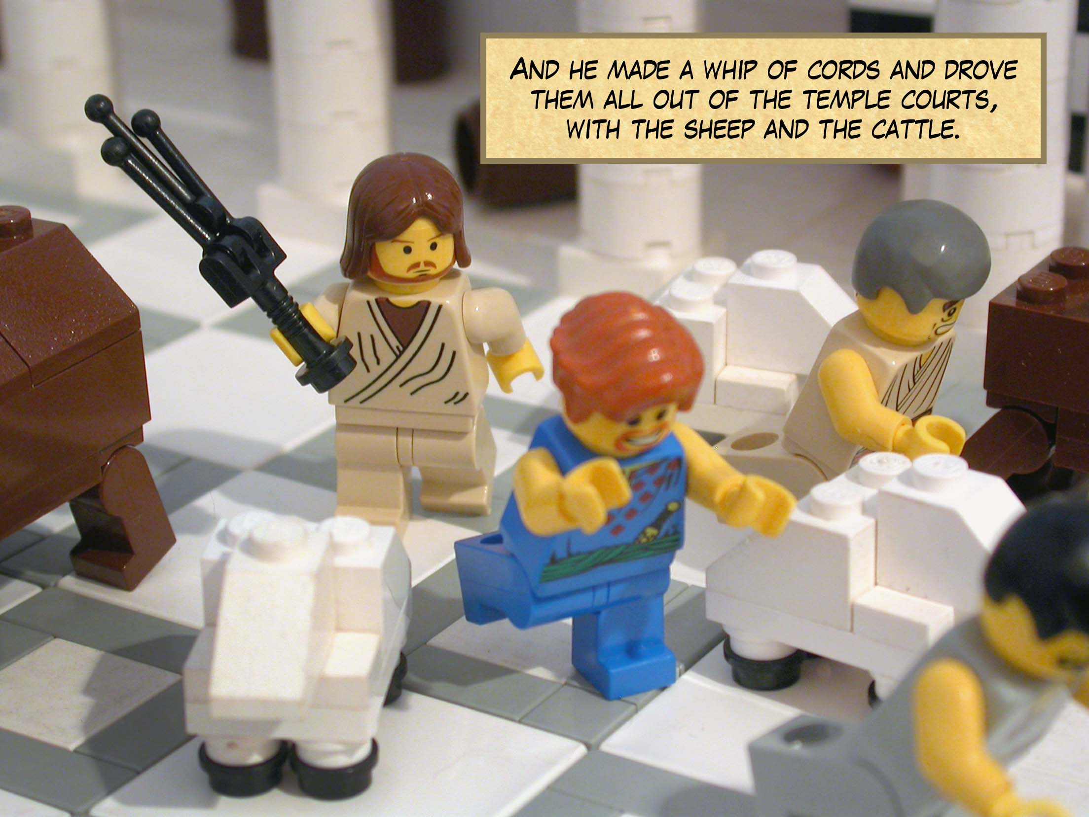 And he made a whip of cords and drove them all out of the temple courts, with the sheep and the cattle.