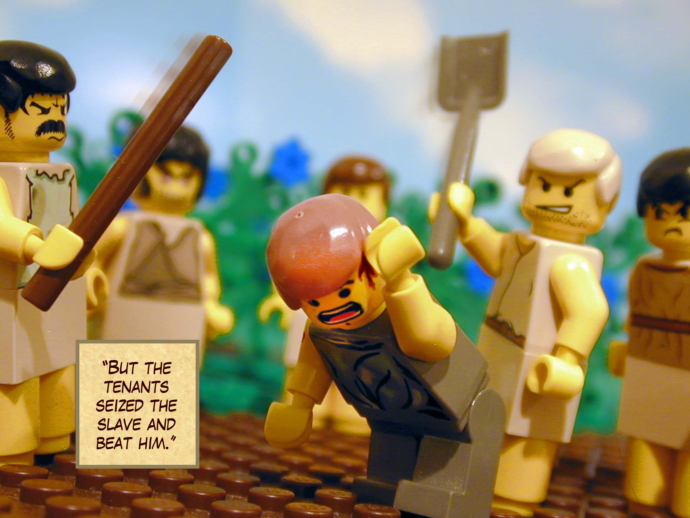 'But the tenants seized the slave and beat him.'<br>