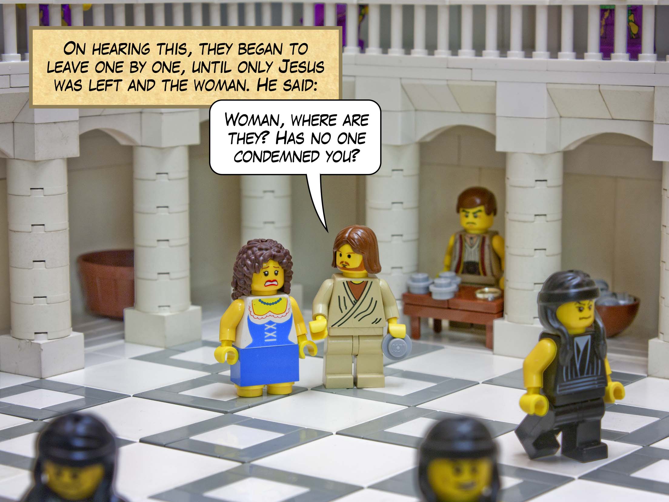 When they heard it, they went away, one by one, beginning with the elders; and Jesus was left alone with the woman standing before him.