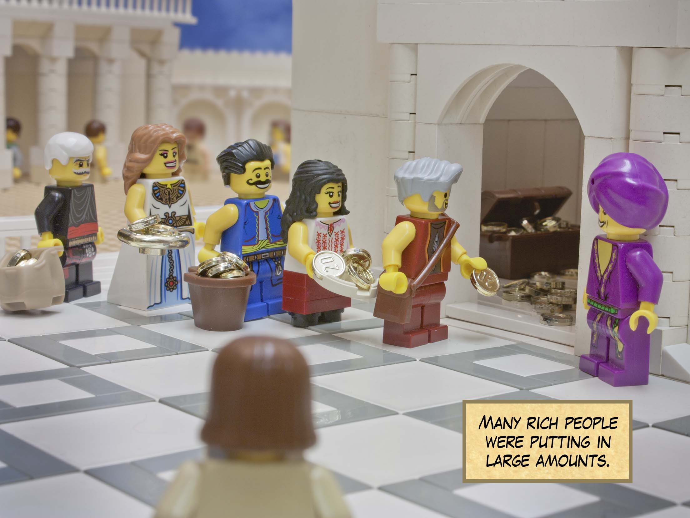 A poor widow came and put in two small copper coins, which are worth a penny.