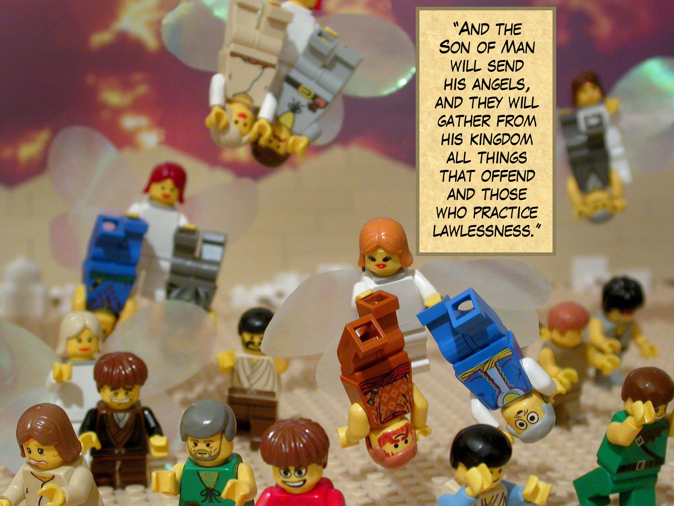 'And the Son of Man will send his angels, and they will gather from his kingdom all things that offend and those who practice lawlessness.'