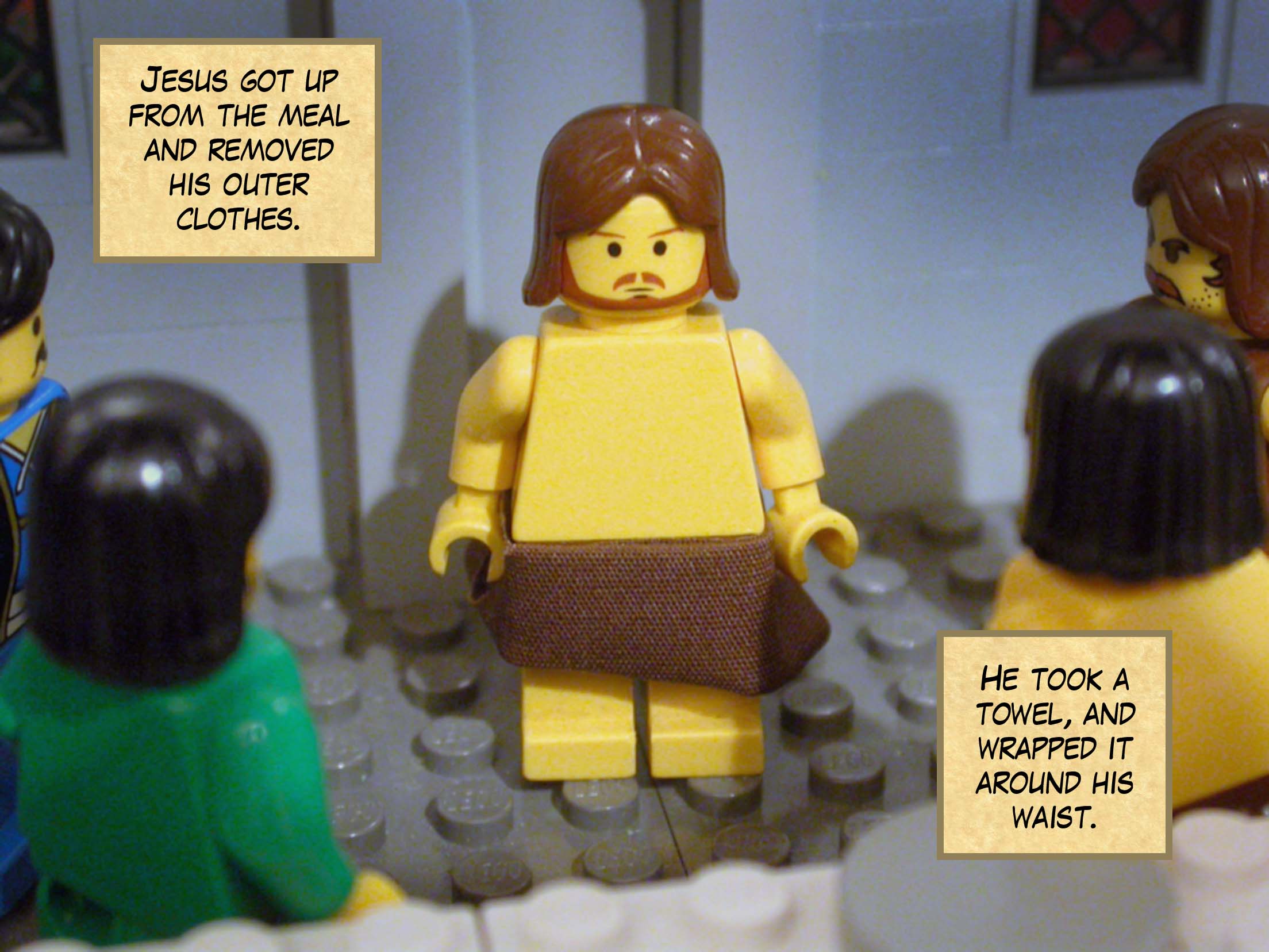 Jesus got up from the meal, removed his outer clothes, took a towel and wrapped it around his waist.