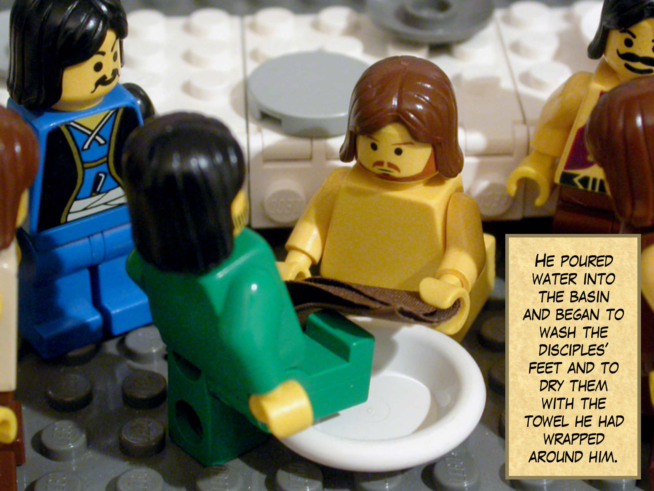 He poured water into the basin and began to wash the disciples’ feet and to dry them with the towel he had wrapped around him.