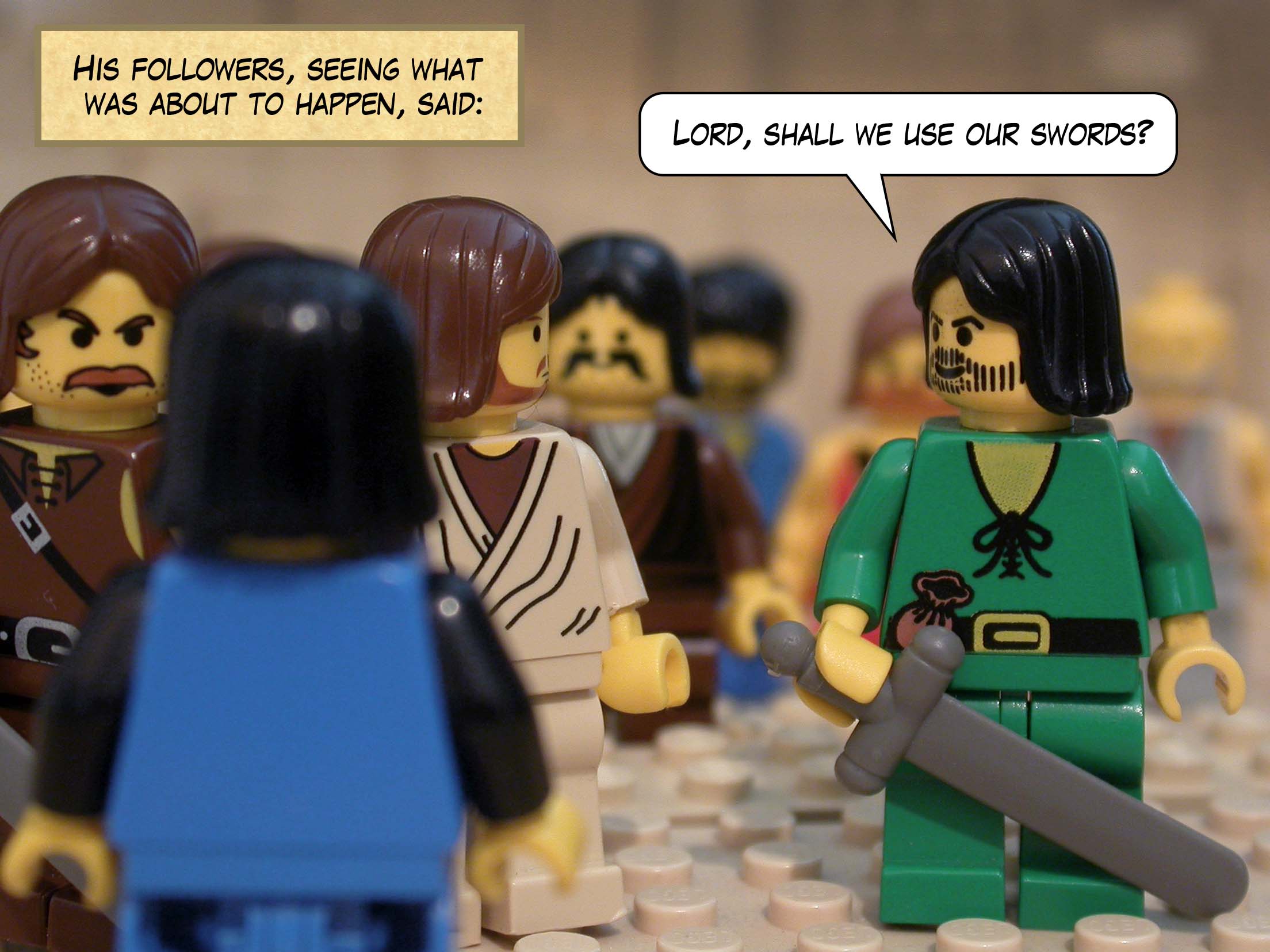 But Jesus said to Peter, 'Put your sword back into its sheath! Or do you think that I cannot call on my Father, and that he would send me more than twelve legions of angels right now?'