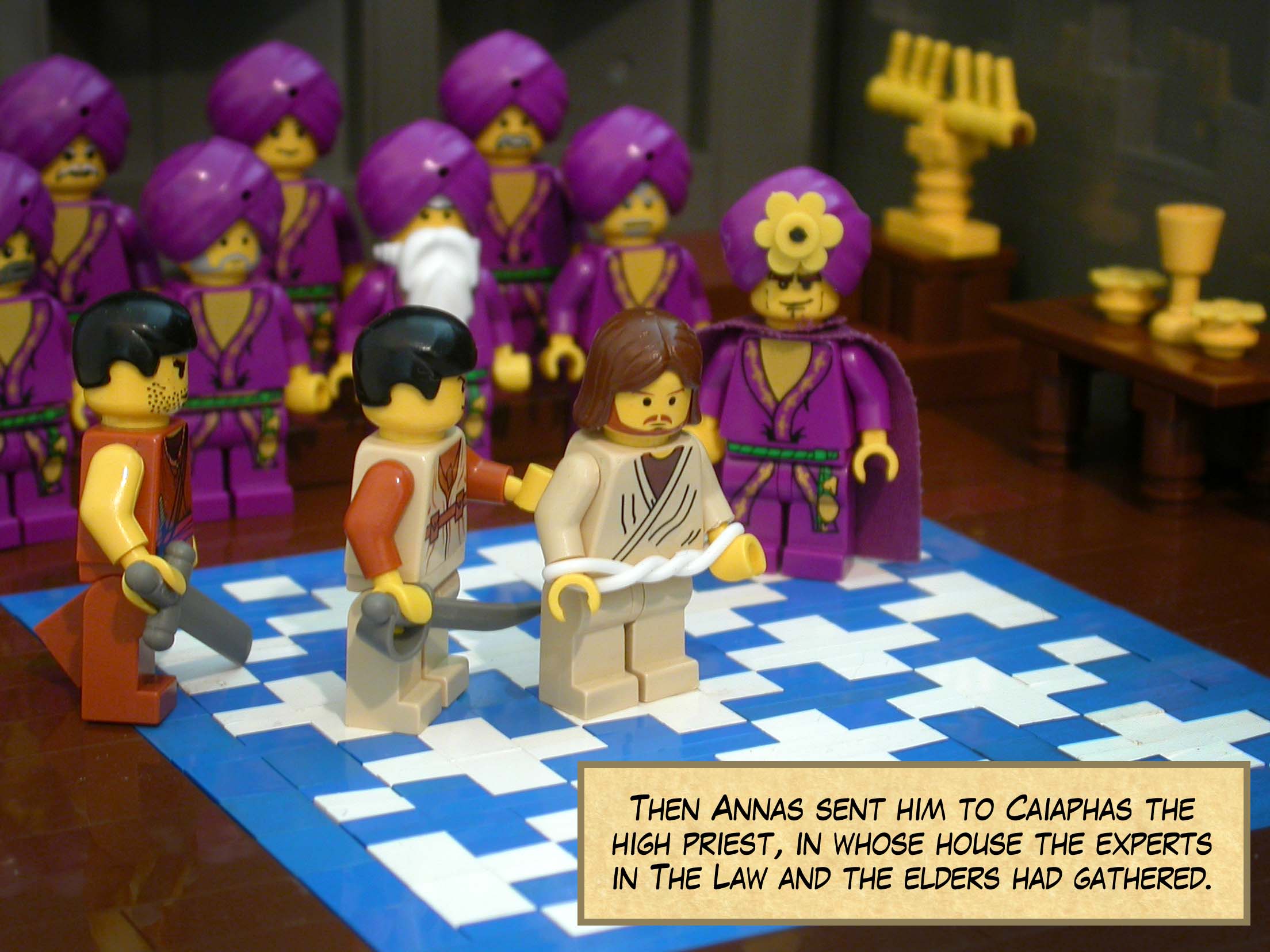 Then Annas sent him, bound, to Caiaphas the high priest, in whose house the experts in the law and the elders had gathered.