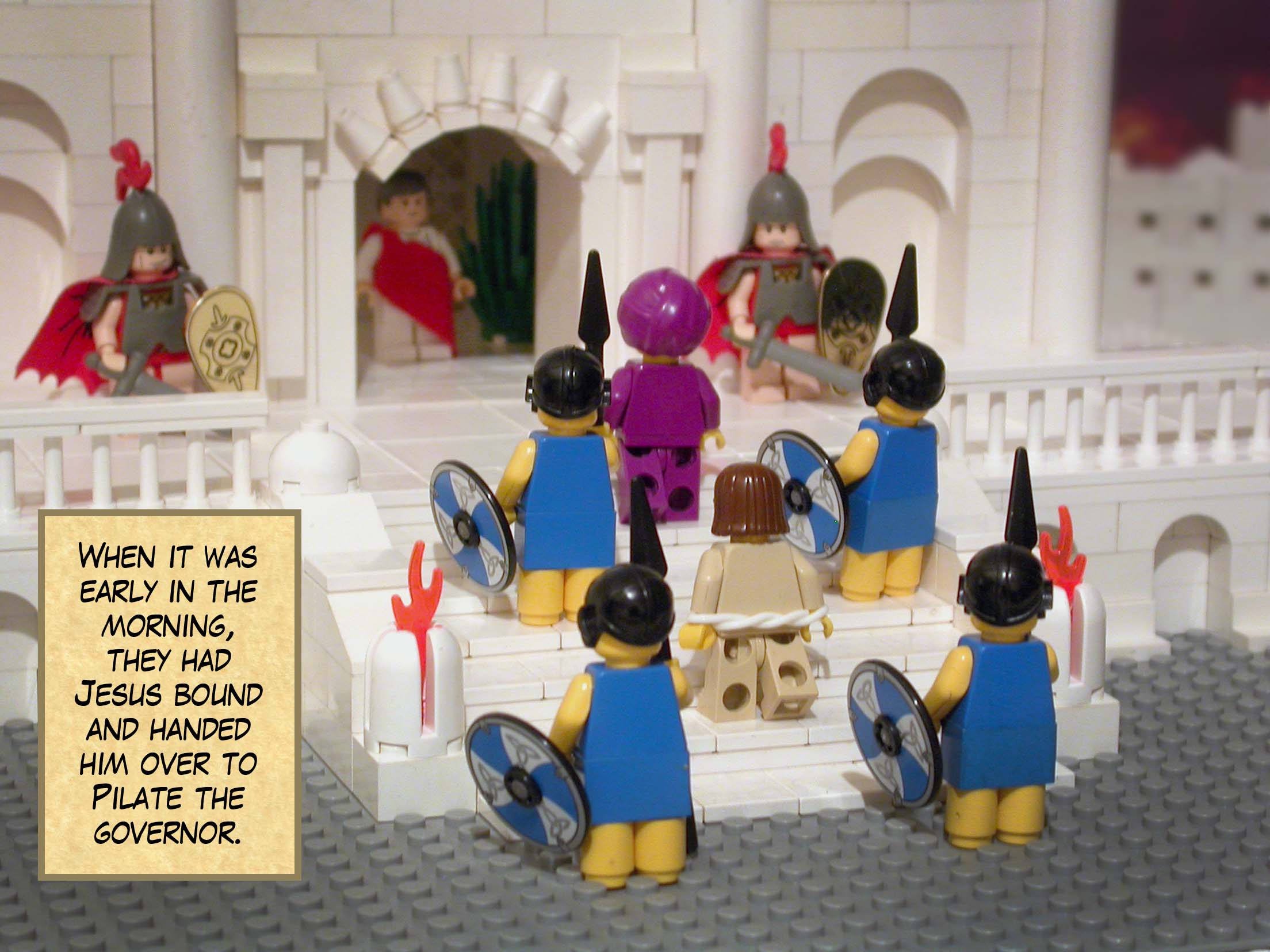 When it was early in the morning, they had Jesus bound and handed him over to Pilate the governor. They did not enter into the praetorium themselves so that they would not be defiled and could still eat the passover meal.