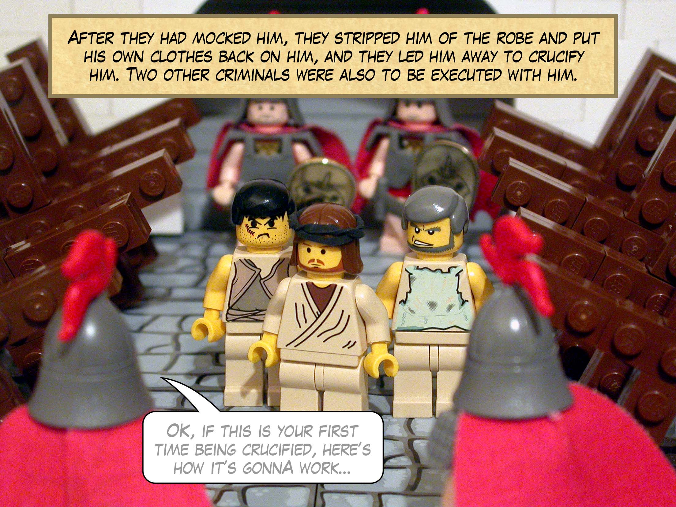 After they had mocked him, they stripped him of the robe and put his own clothes back on him, and they led him away to crucify him.