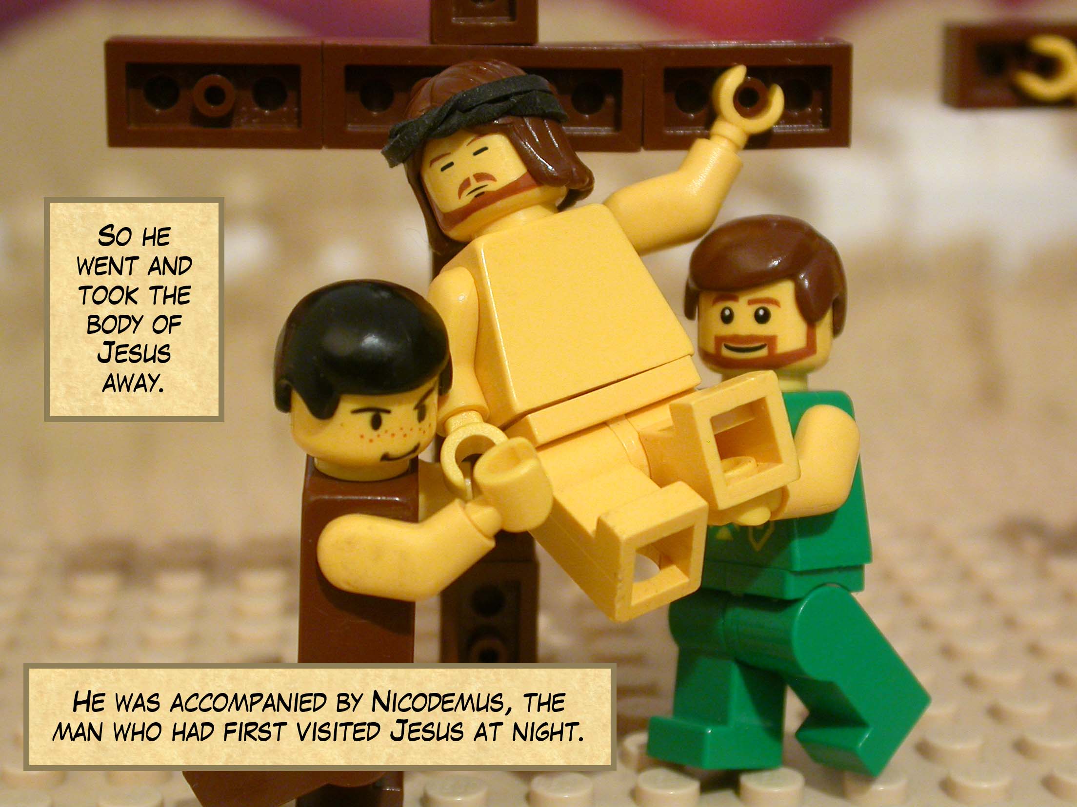 So he went and took the body of Jesus away. He was accompanied by Nicodemus, the man who had first visited Jesus at night.