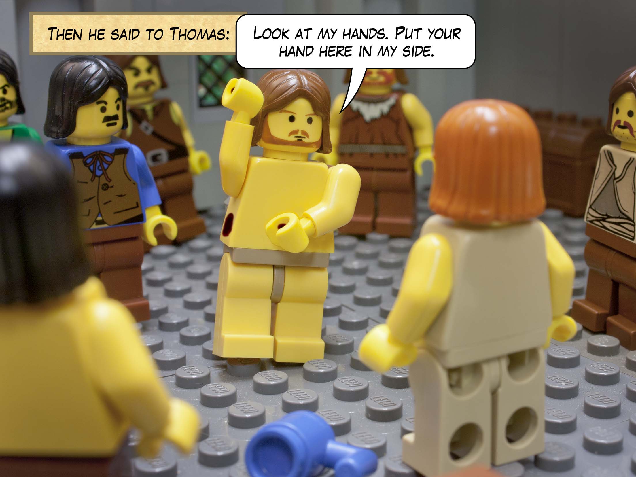 Then he said to Thomas, 'Put your finger here and see my hands. Reach out your hand and put it in my side. Do not doubt but believe.'