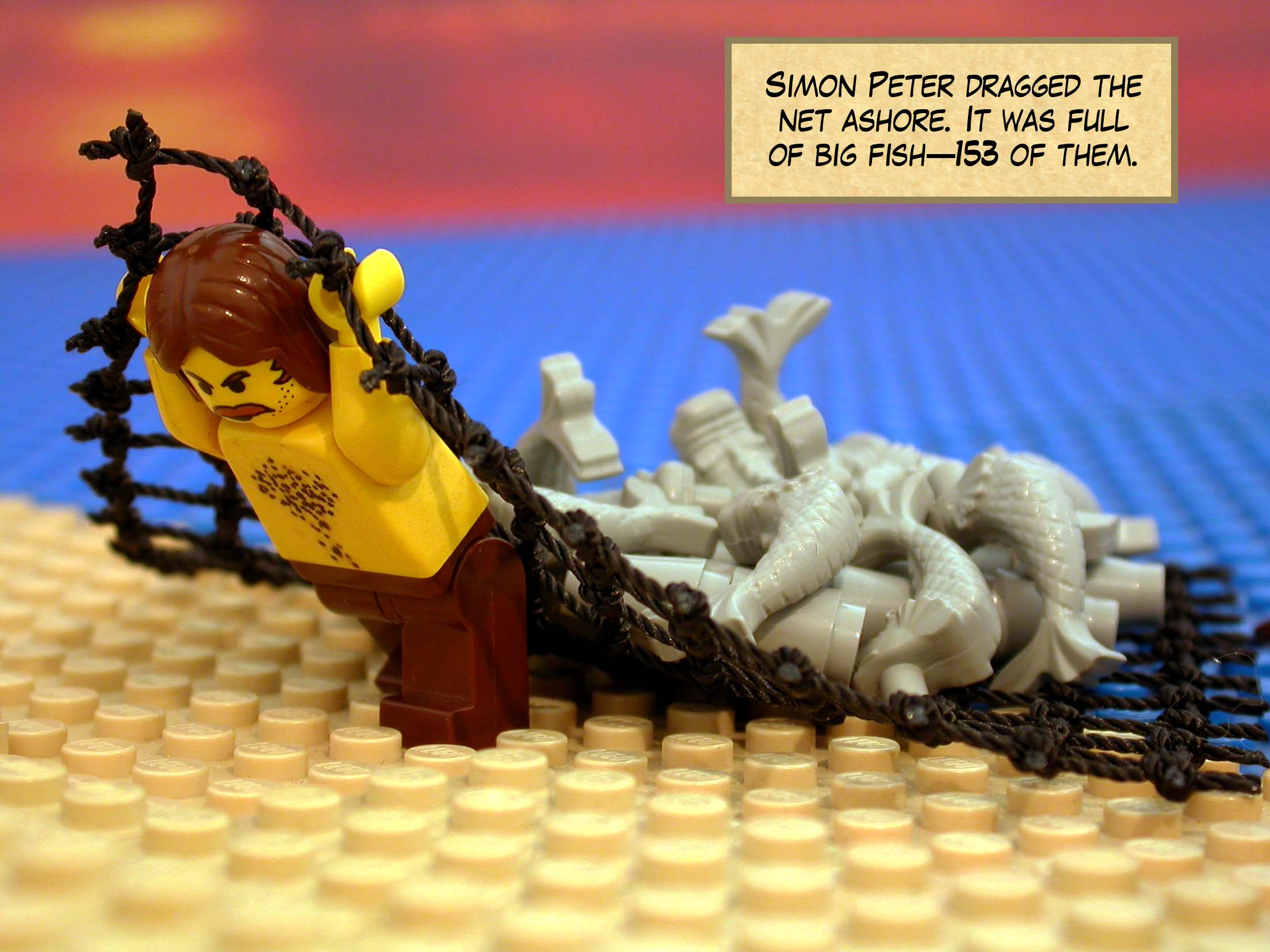 Simon Peter dragged the net ashore. It was full of big fish -- one hundred and fifty-three of them.<br>