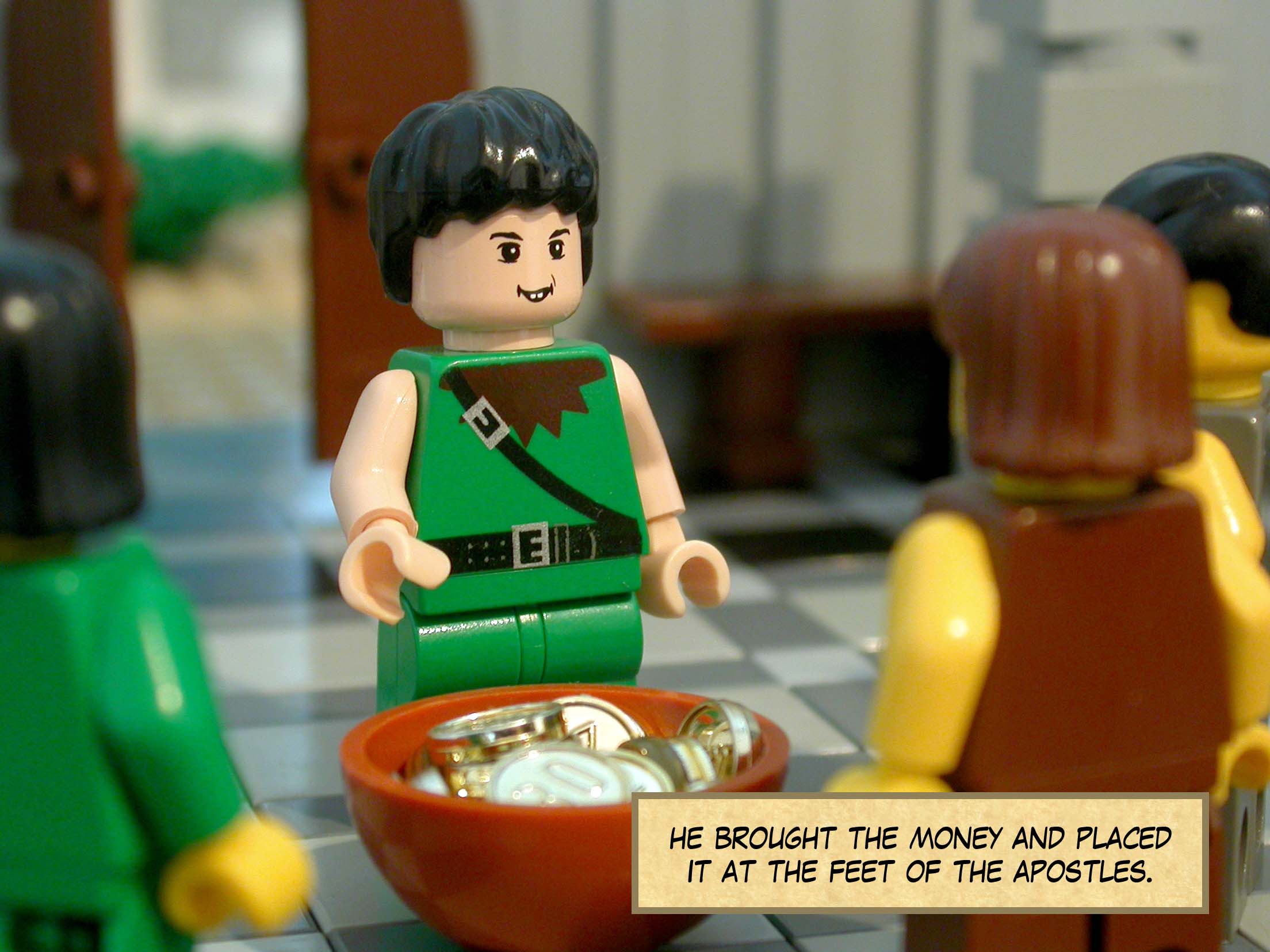 And he brought the money and placed it at the feet of the apostles.