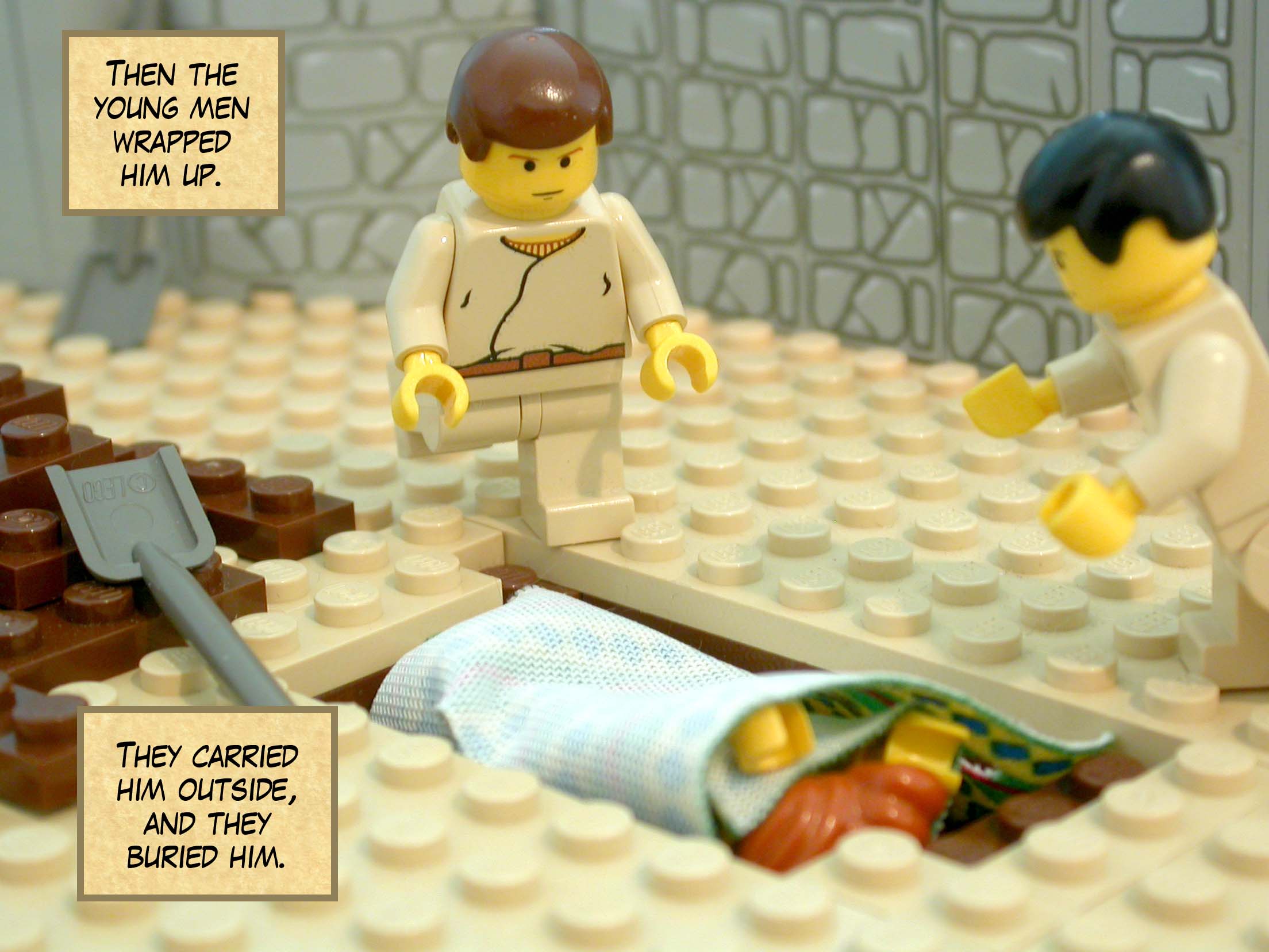 Then the young men wrapped him up, carried him outside, and buried him.