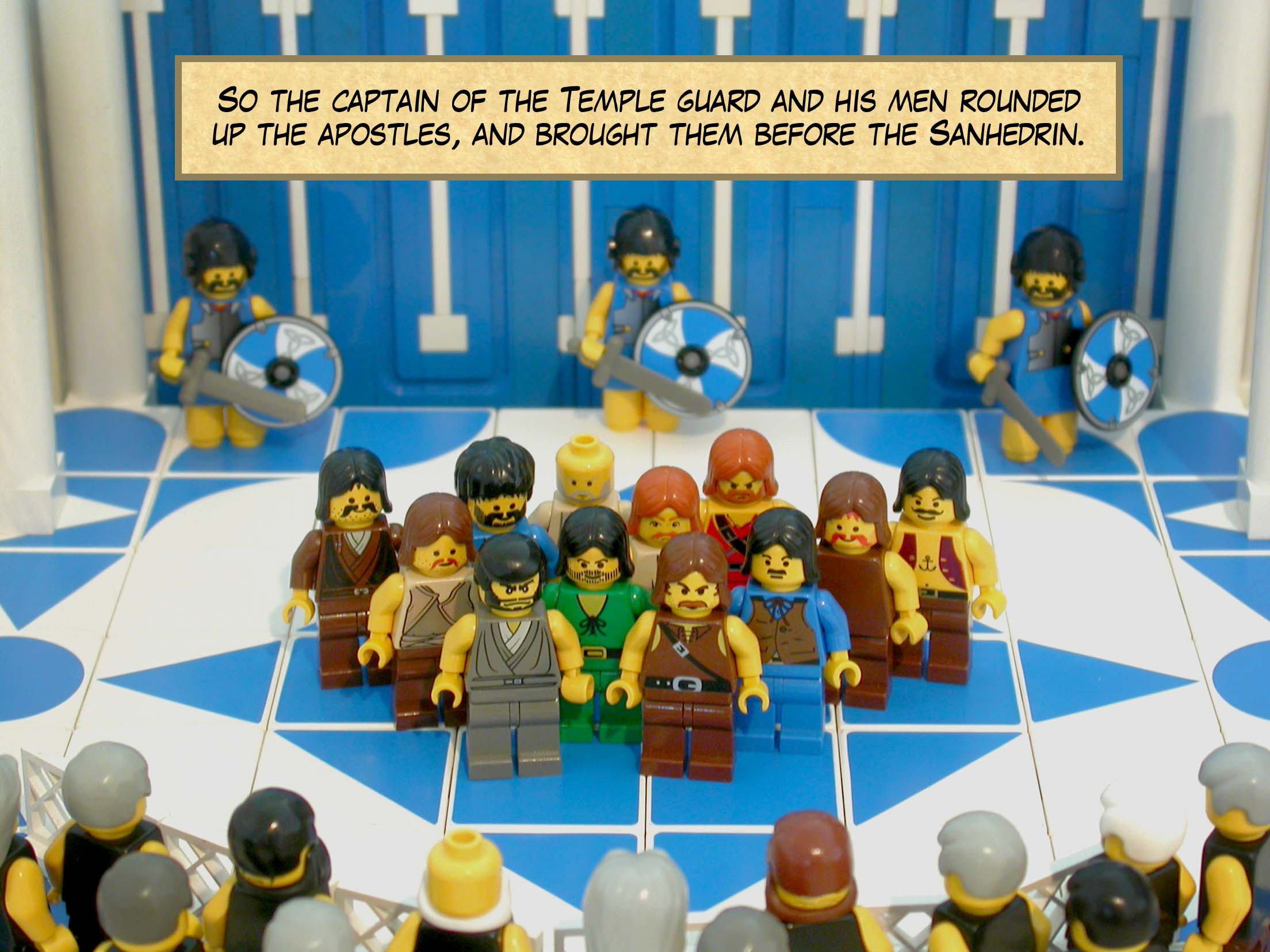 So the captain of the Temple guard and his men rounded up the apostles, and brought them before the Sanhedrin.