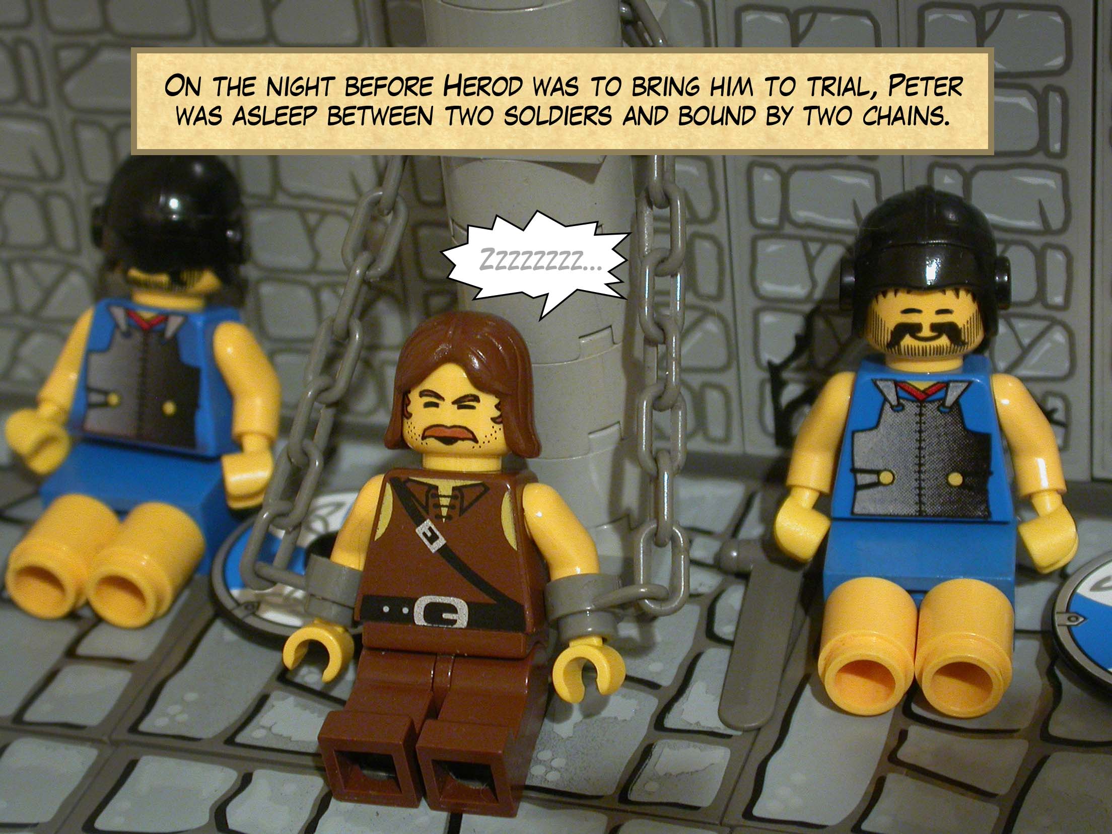 On the night before Herod was to bring him to trial, Peter was asleep between two soldiers and bound by two chains.