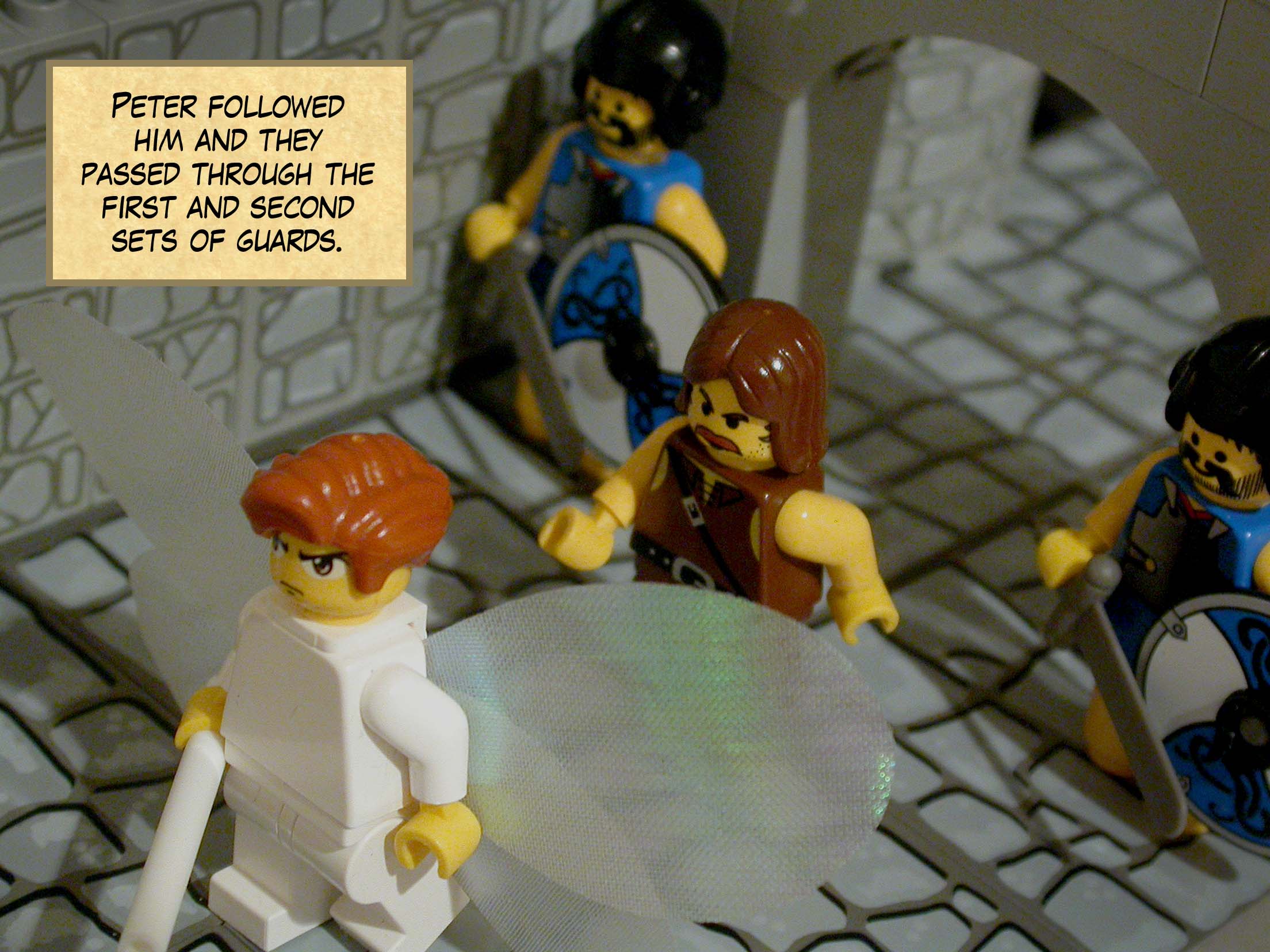 Peter followed him and they passed through the first and second sets of guards.