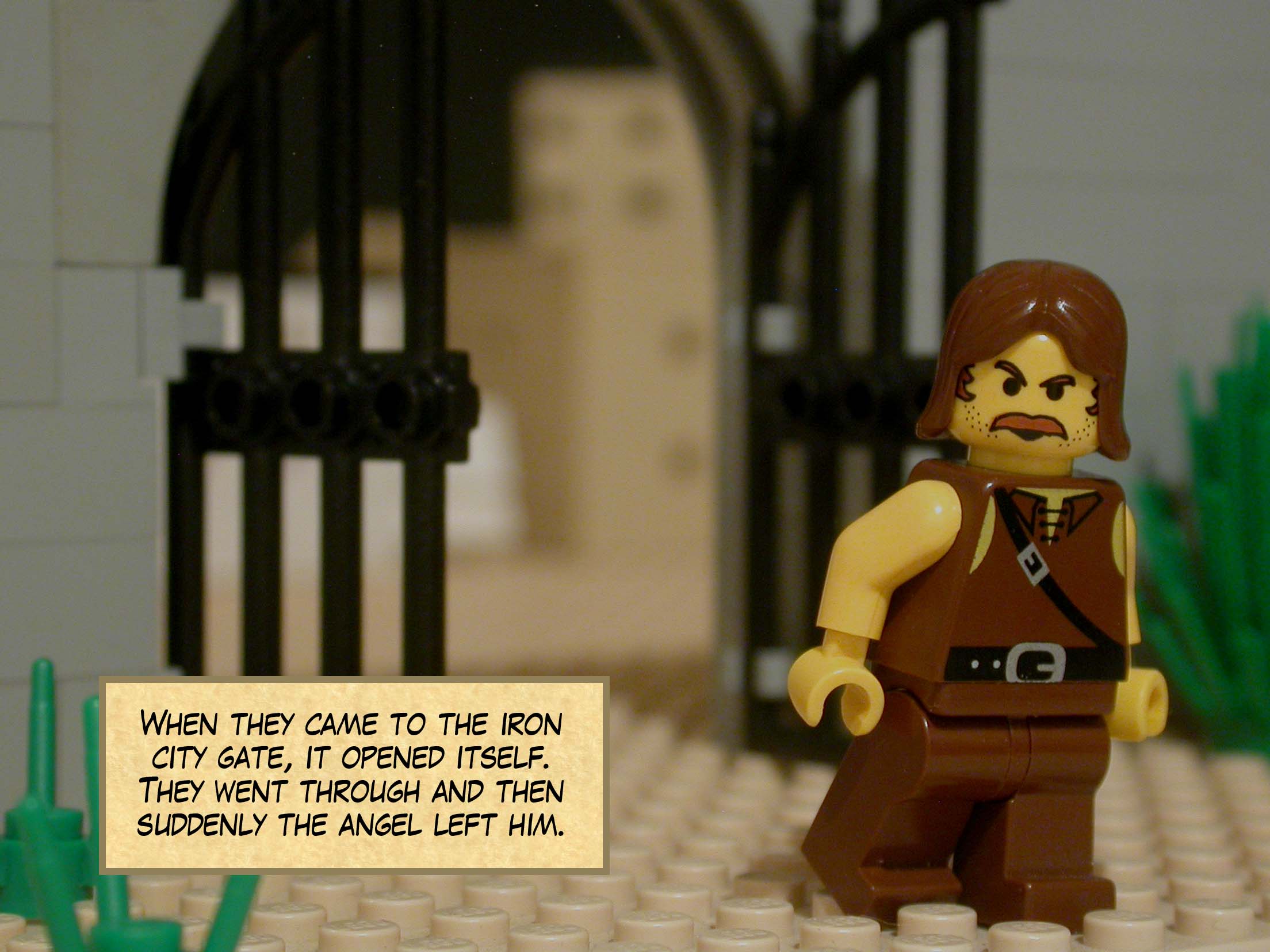 When they came to the iron city gate, it opened itself. They went through and then suddenly the angel left him.