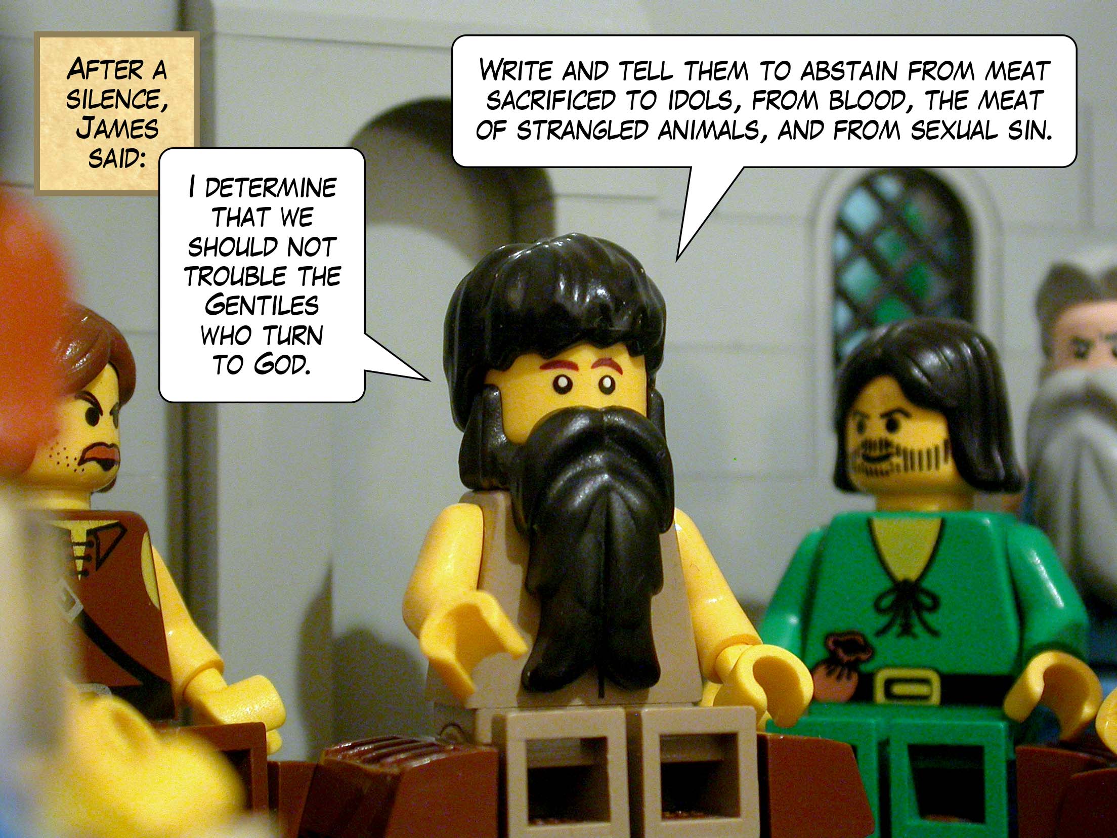 After a silence, James said, 'I determine that we should not trouble the Gentiles who turn to God. Write and tell them to abstain from meat sacrificed to idols, from blood, from the meat of strangled animals, and from sexual sin.'