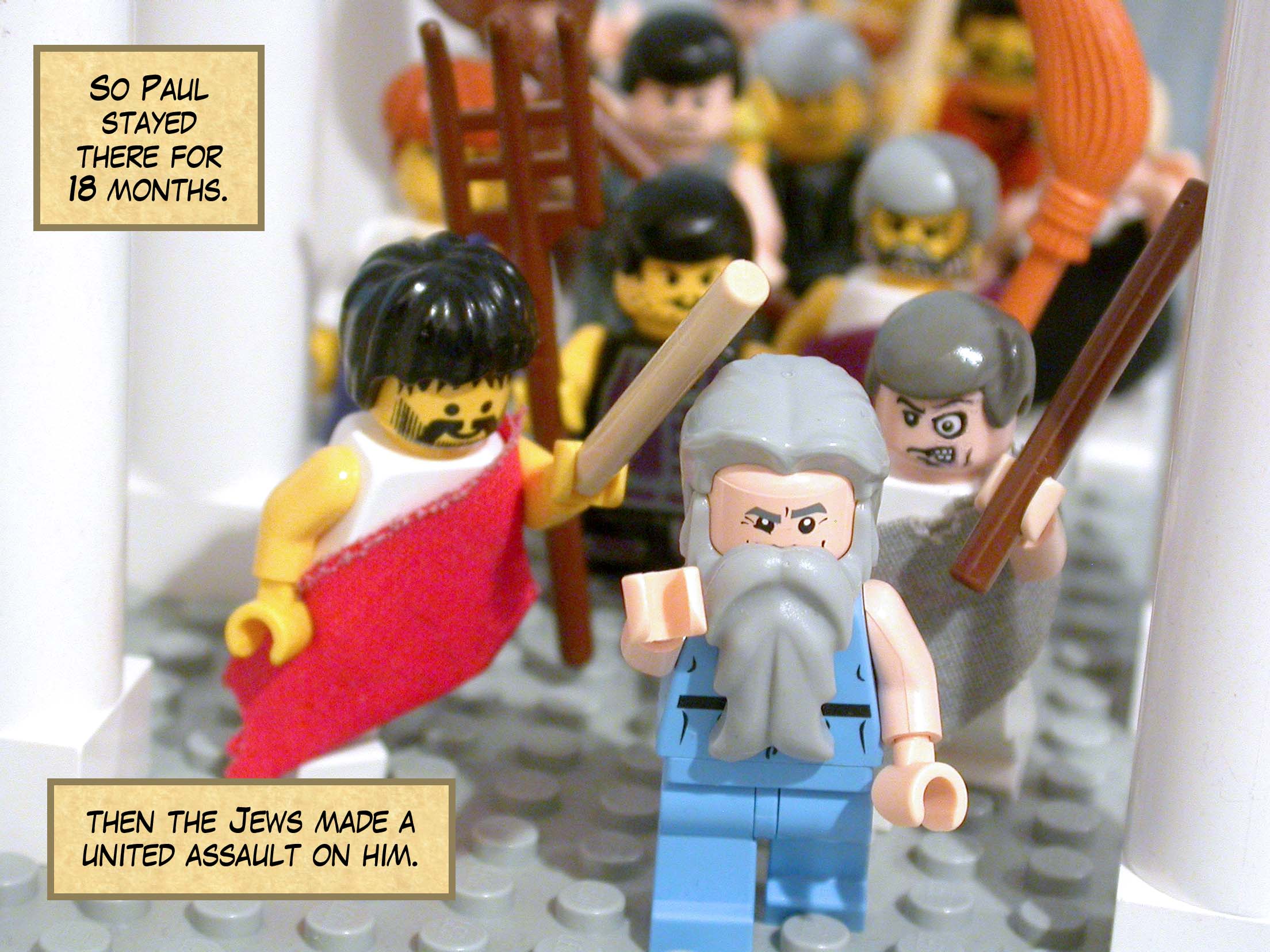 So Paul stayed there for eighteen months, but then the Jews made a united assault on him.