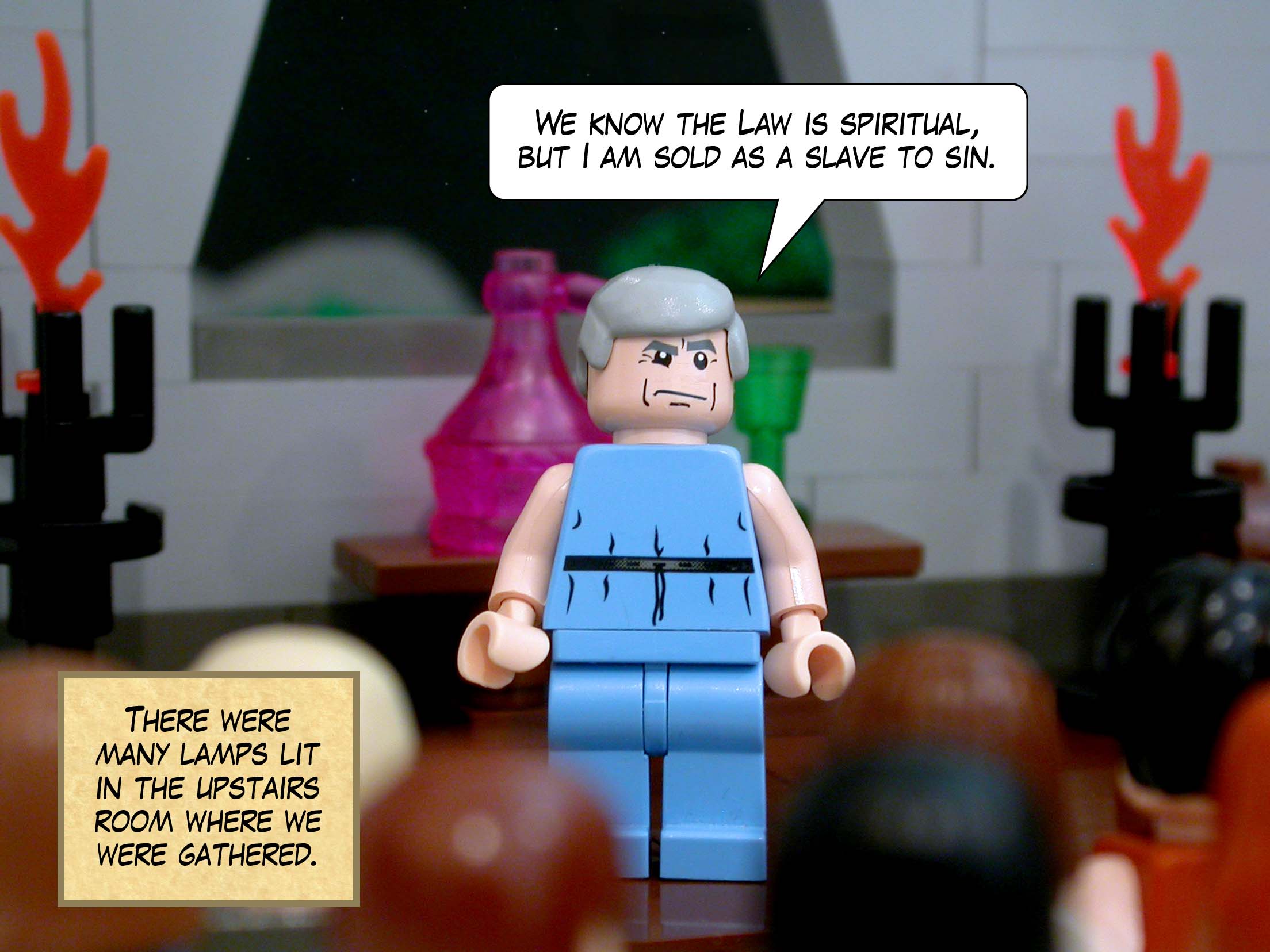 There were many lamps lit in the upstairs room where we were gathered.