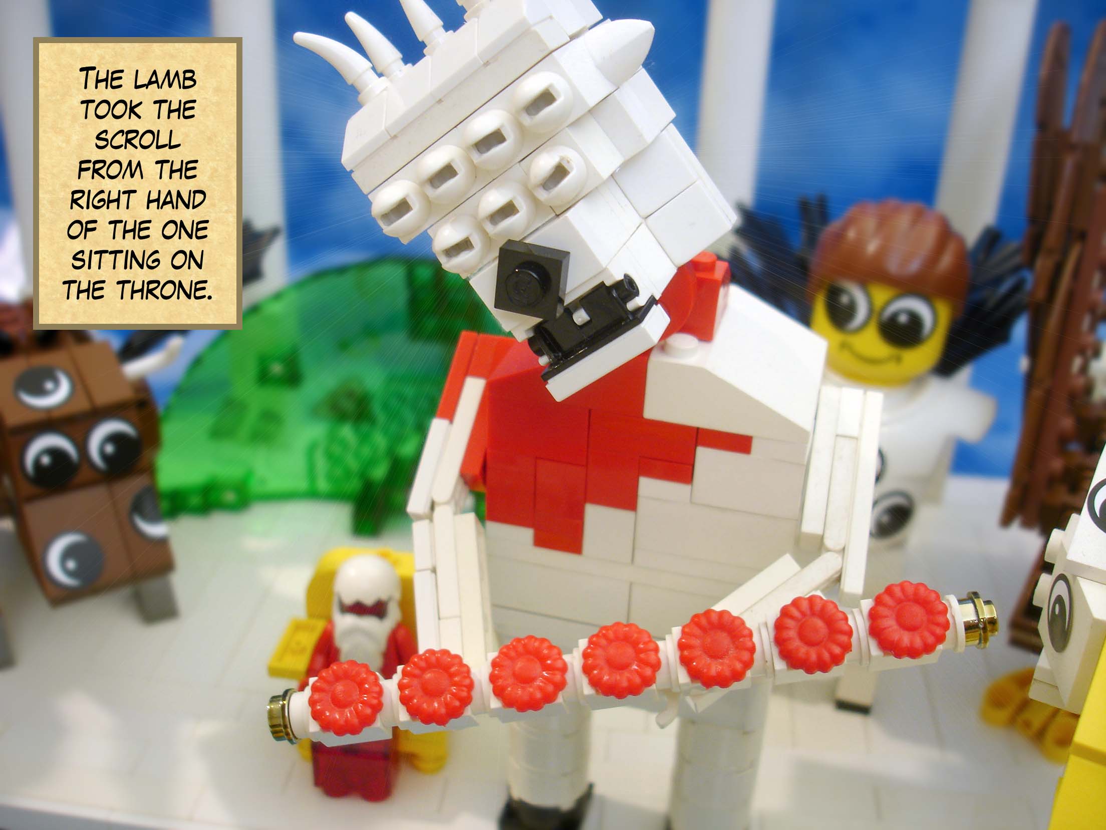 The lamb took the scroll from the right hand of the one sitting on the throne.