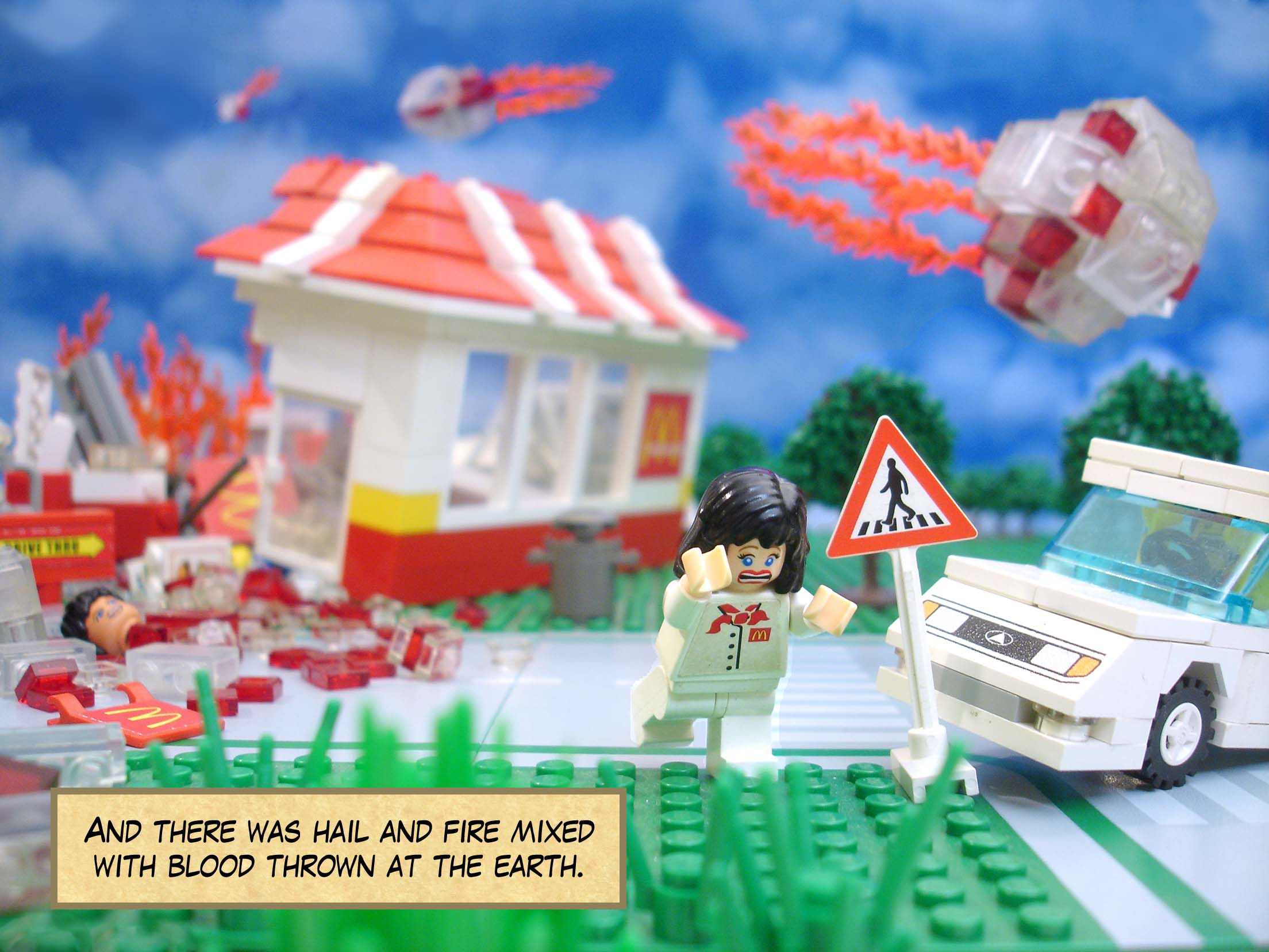 And there was hail and fire mixed with blood thrown at the earth.