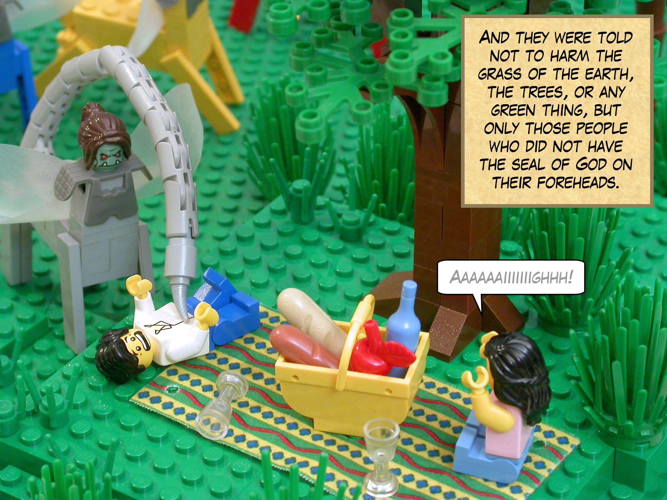 And they were told not to harm the grass of the earth, the trees, or any green thing, but only those people who did not have the seal of God on their foreheads.<br>