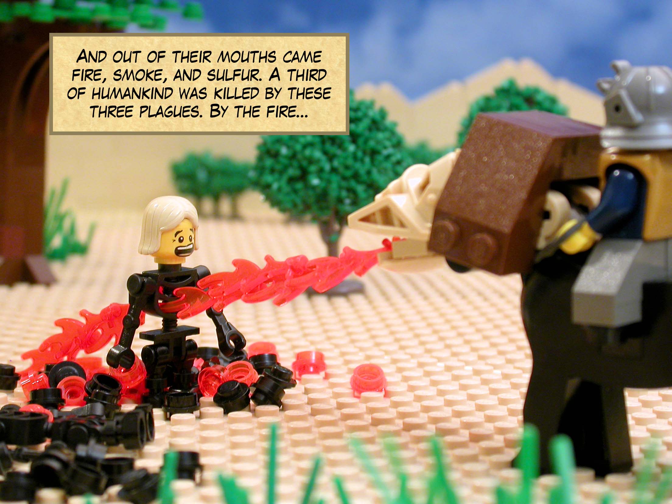 And out of their mouths came fire, smoke, and sulfur. A third of humankind was killed by these three plagues. By the fire...