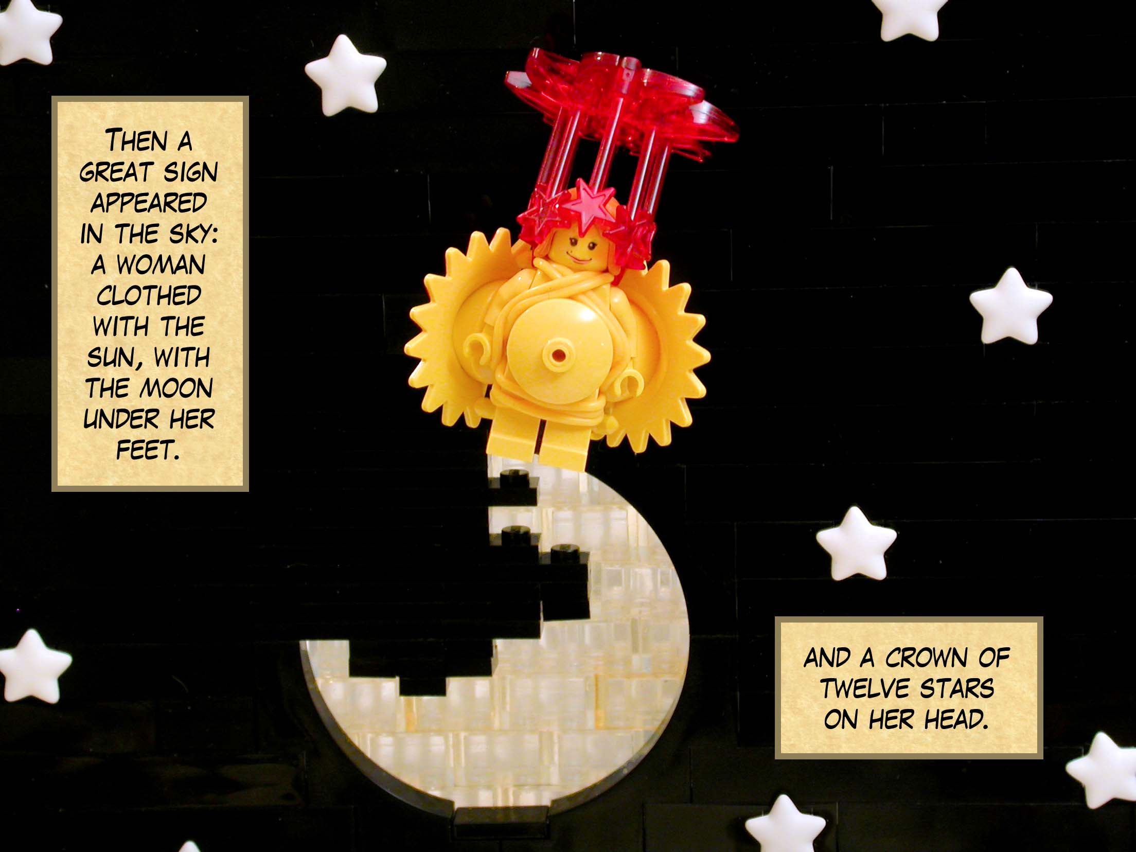 Then a great sign appeared in the sky: a woman clothed with the sun, with the moon under her feet and a crown of twelve stars on her head.