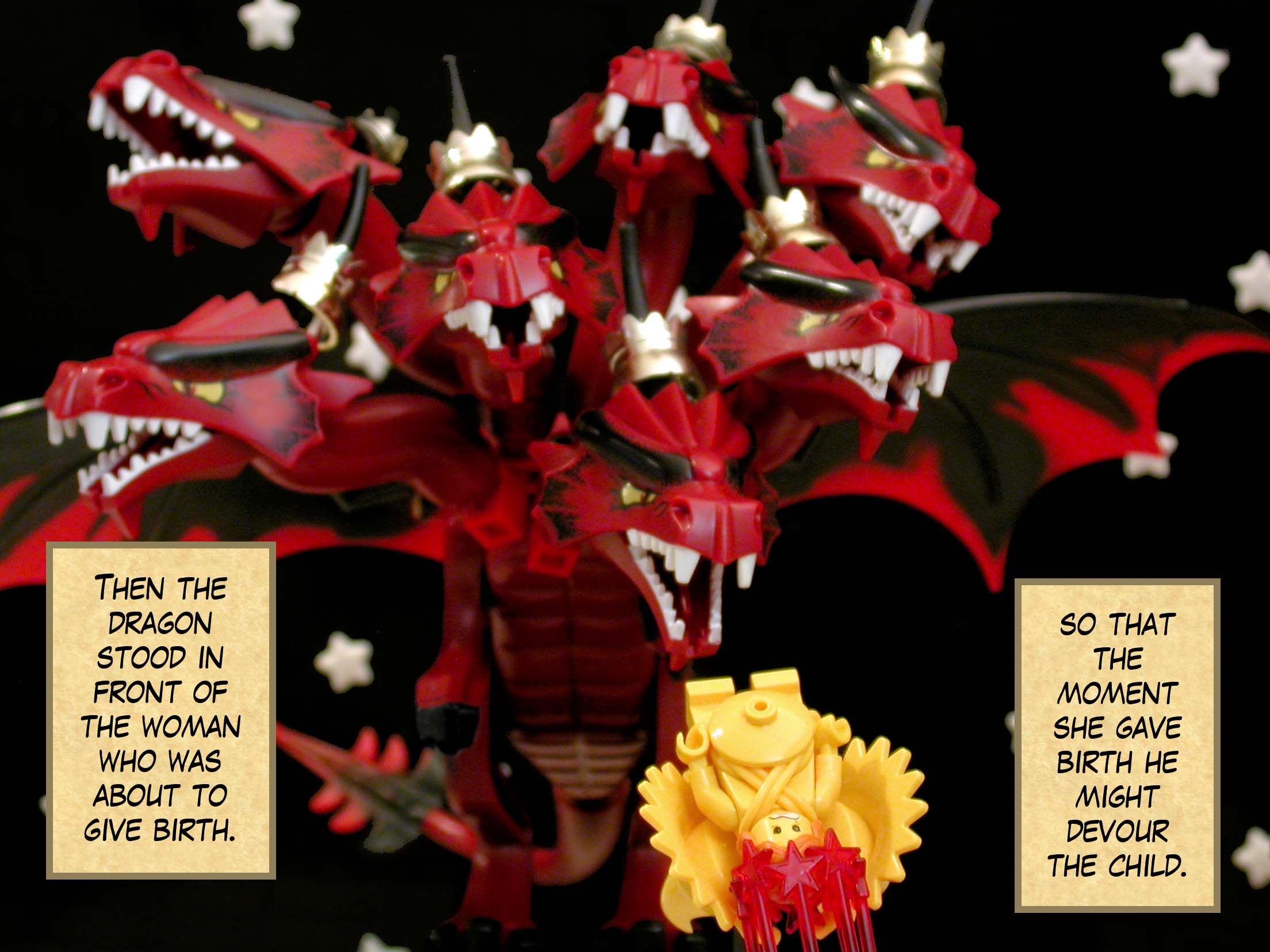 Then the dragon stood in front of the woman who was about to give birth, so that the moment she gave birth he might devour the child.