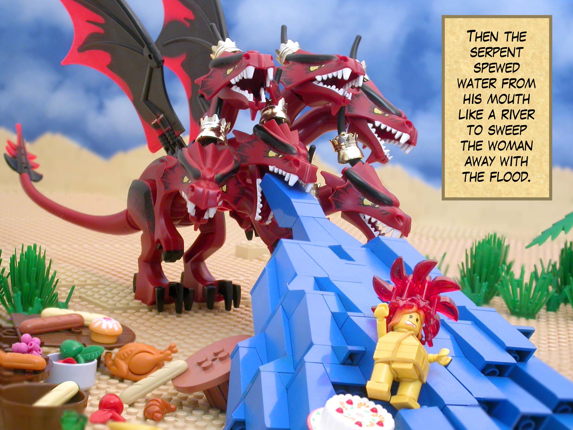 Then the serpent spewed water from his mouth like a river to sweep the woman away with the flood.