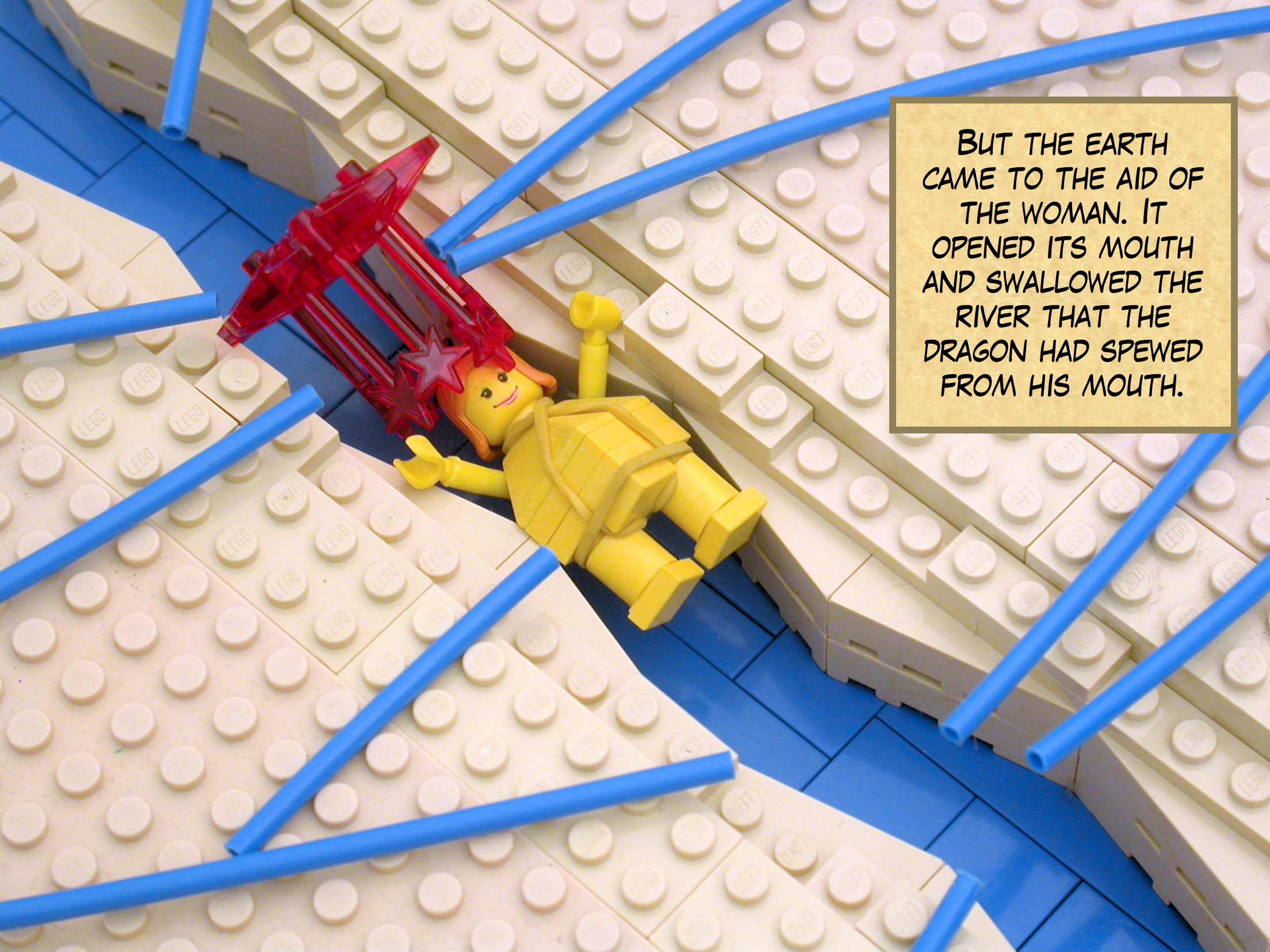 But the earth came to the aid of the woman. It opened its mouth and swallowed the river that the dragon had spewed from his mouth.