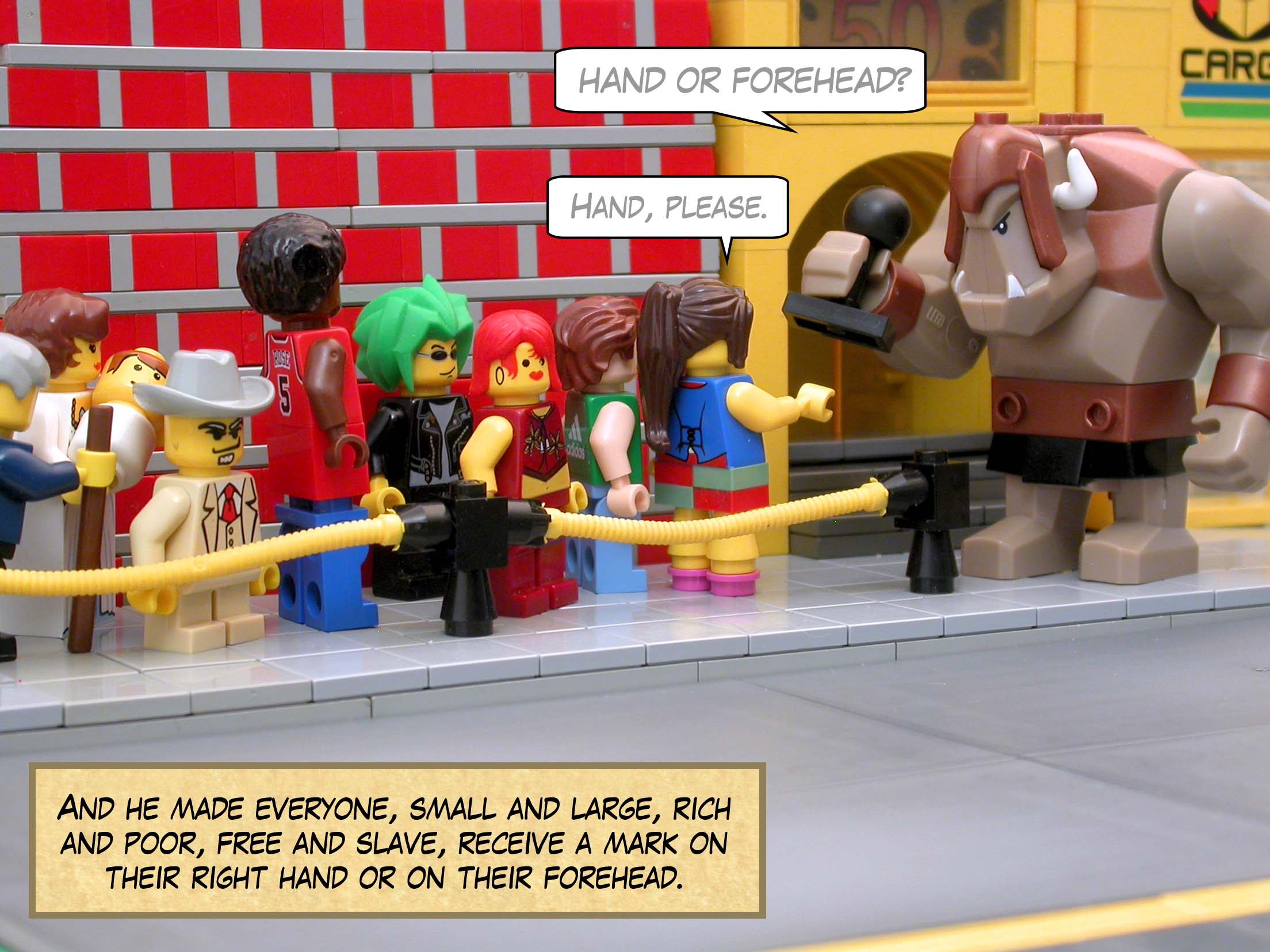 And he made everyone, small and large, rich and poor, free and slave, receive a mark on their right hand or on their forehead.