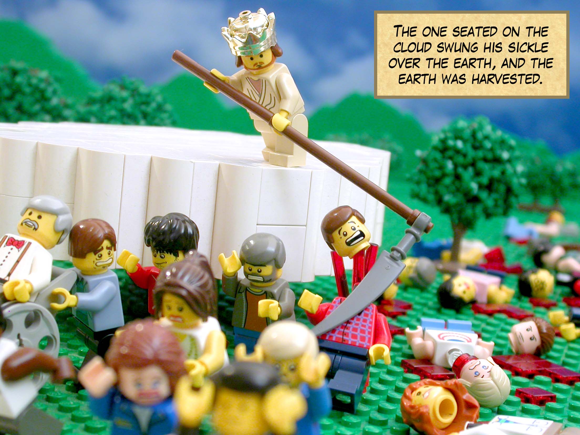 The one seated on the cloud swung his sickle over the earth, and the earth was harvested.