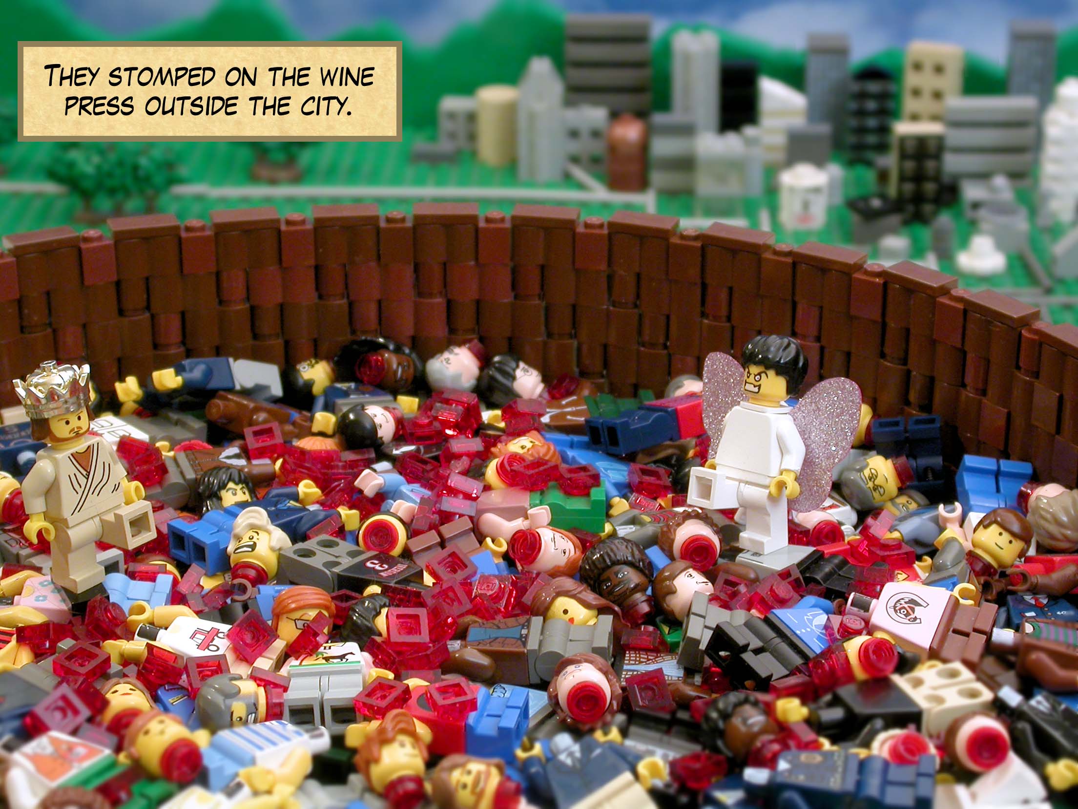 They stomped on the wine press outside the city. <br>