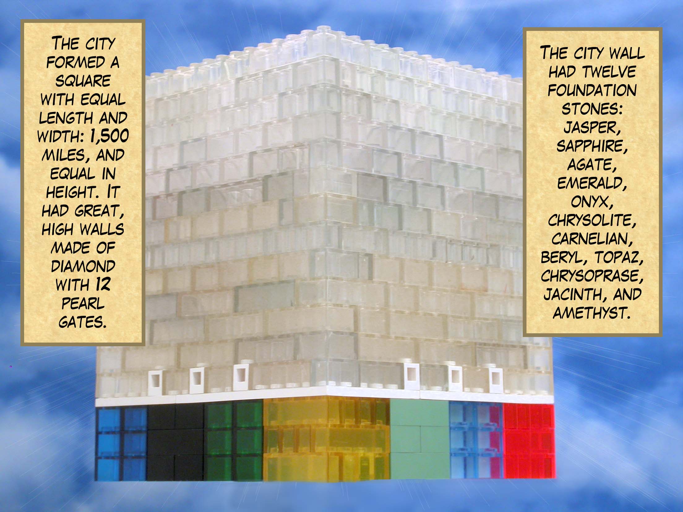 The city formed a square with equal length and width: 1,500 miles, and equal in height. It had great, high walls made of diamond with twelve pearl gates. The city wall had twelve foundation stones. The first was jasper, the second sapphire, the third was agate, the fourth was emerald, the fifth was onyx, the sixth was chrysolite, the seventh was carnelian, the eighth was beryl, the ninth was topaz, the tenth was chrysoprase, the eleventh was jacinth, and the twelvth was amethyst.