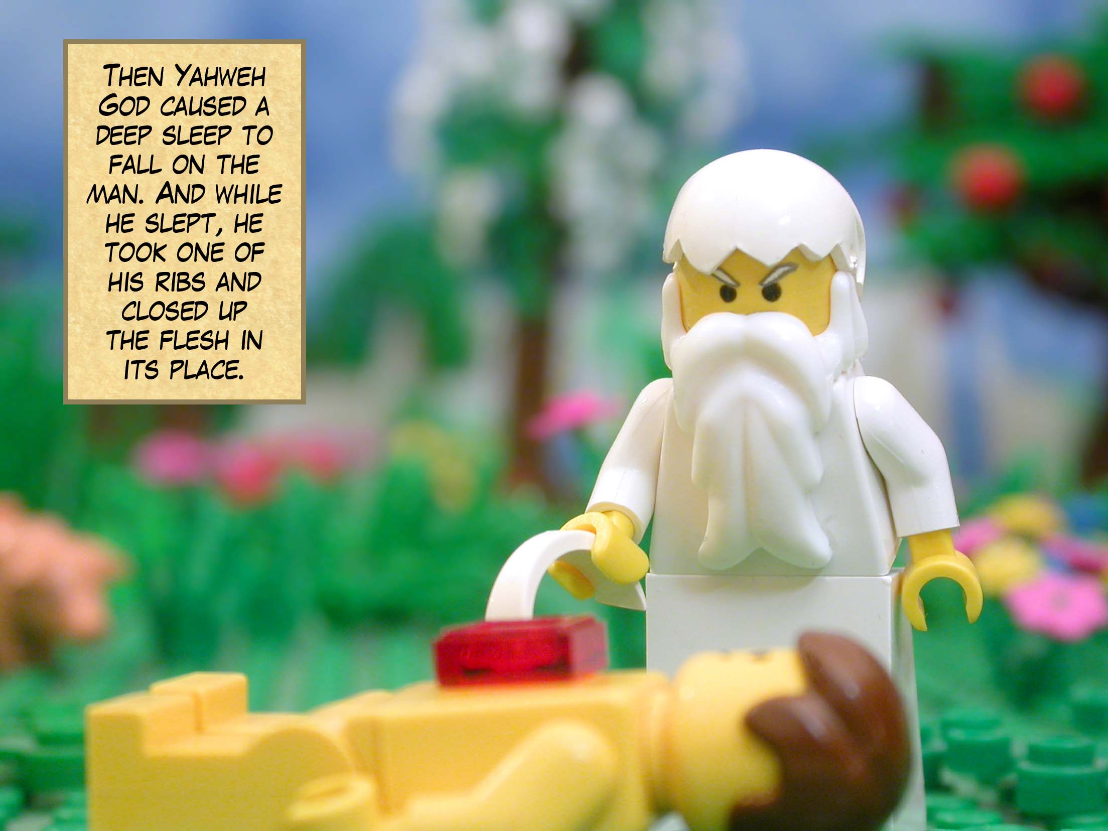 Then Yahweh God caused a deep sleep to fall on the man. And while he slept, he took one of his ribs and closed up the flesh in its place.