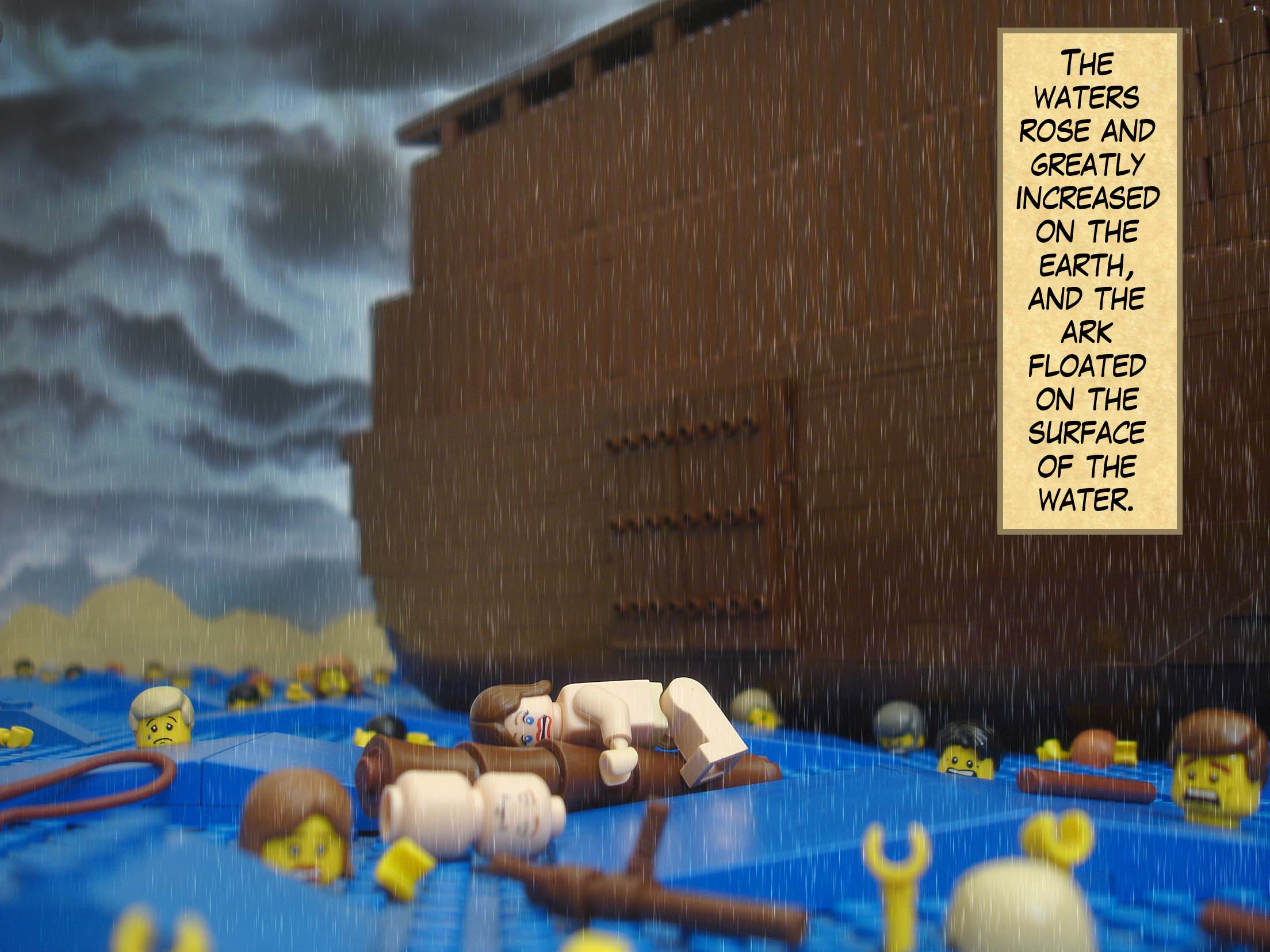 The waters rose and greatly increased on the earth and the ark floated on the surface of the water.