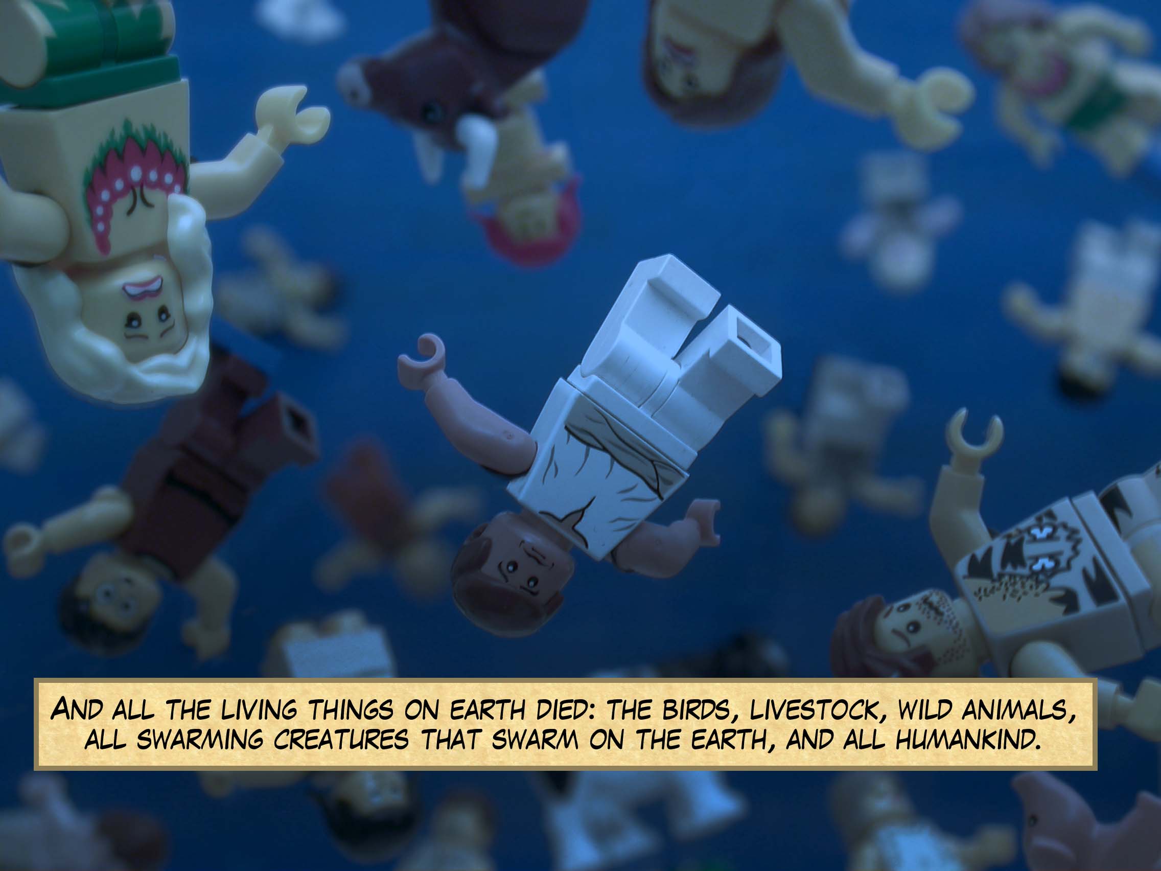 And all the living things on earth died: the birds, livestock, wild animals, all swarming creatures that swarm on the earth, and all humankind.